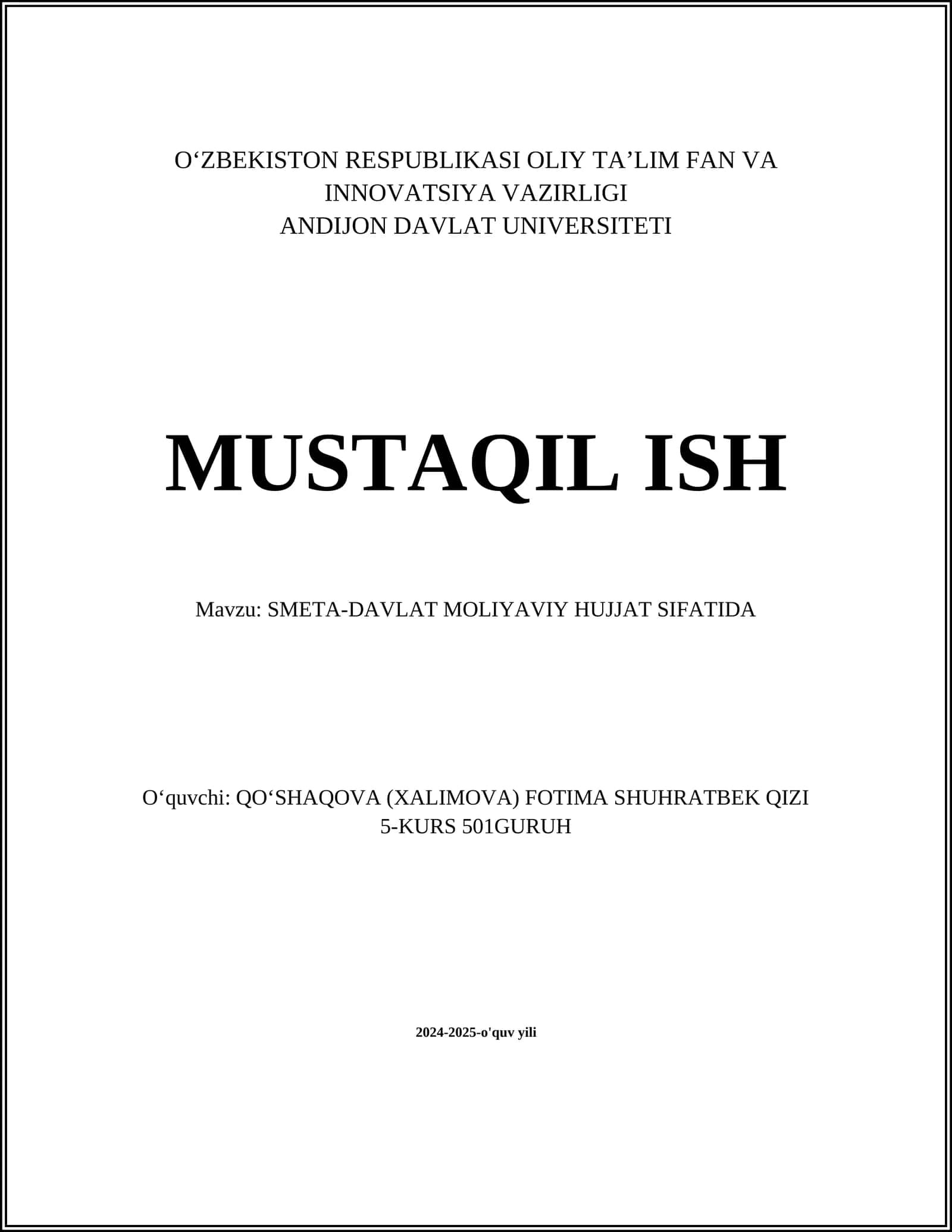 SMETA-DAVLAT MOLIYAVIY HUJJAT SIFATIDA