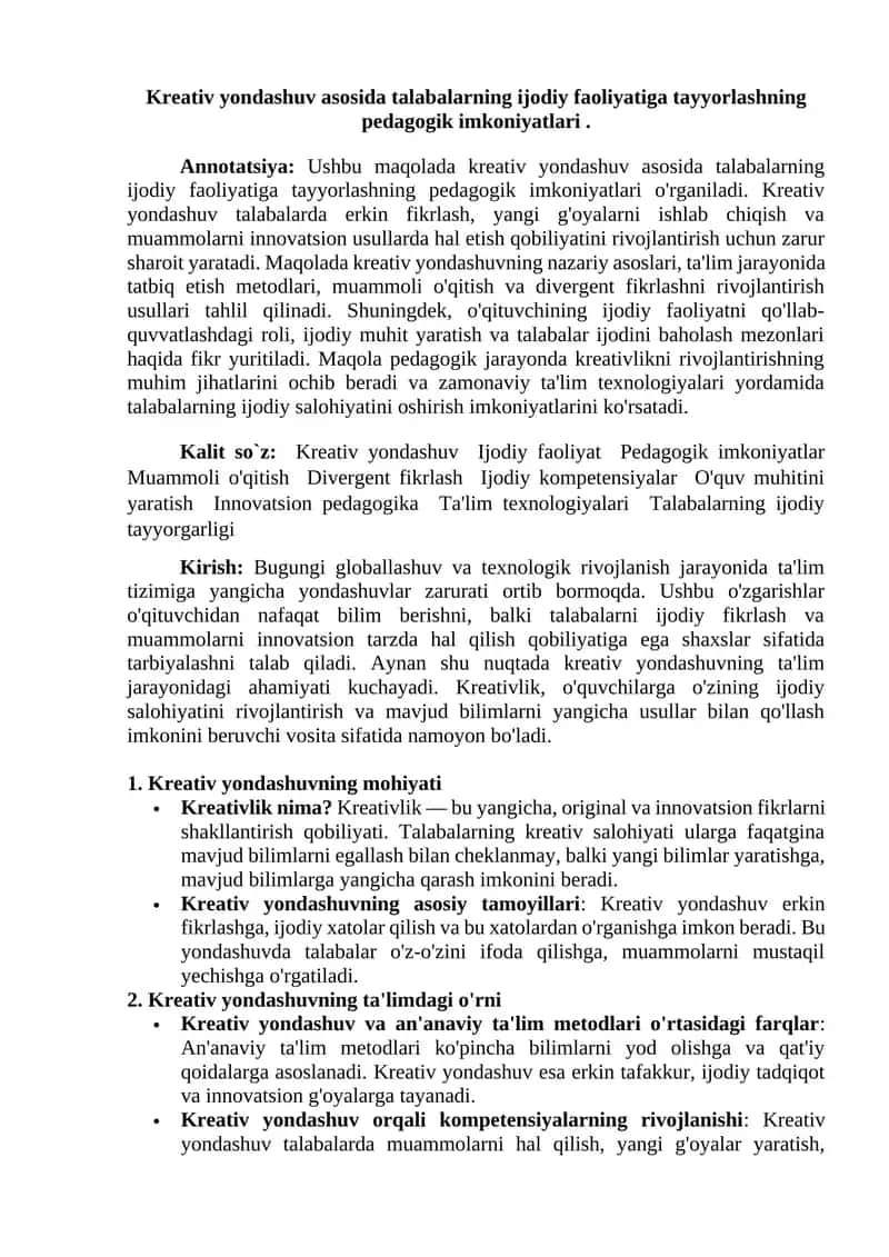 Kreativ yondashuv asosida talabalarning ijodiy faoliyatiga tayyorlashning pedagogik imkoniyatlari
