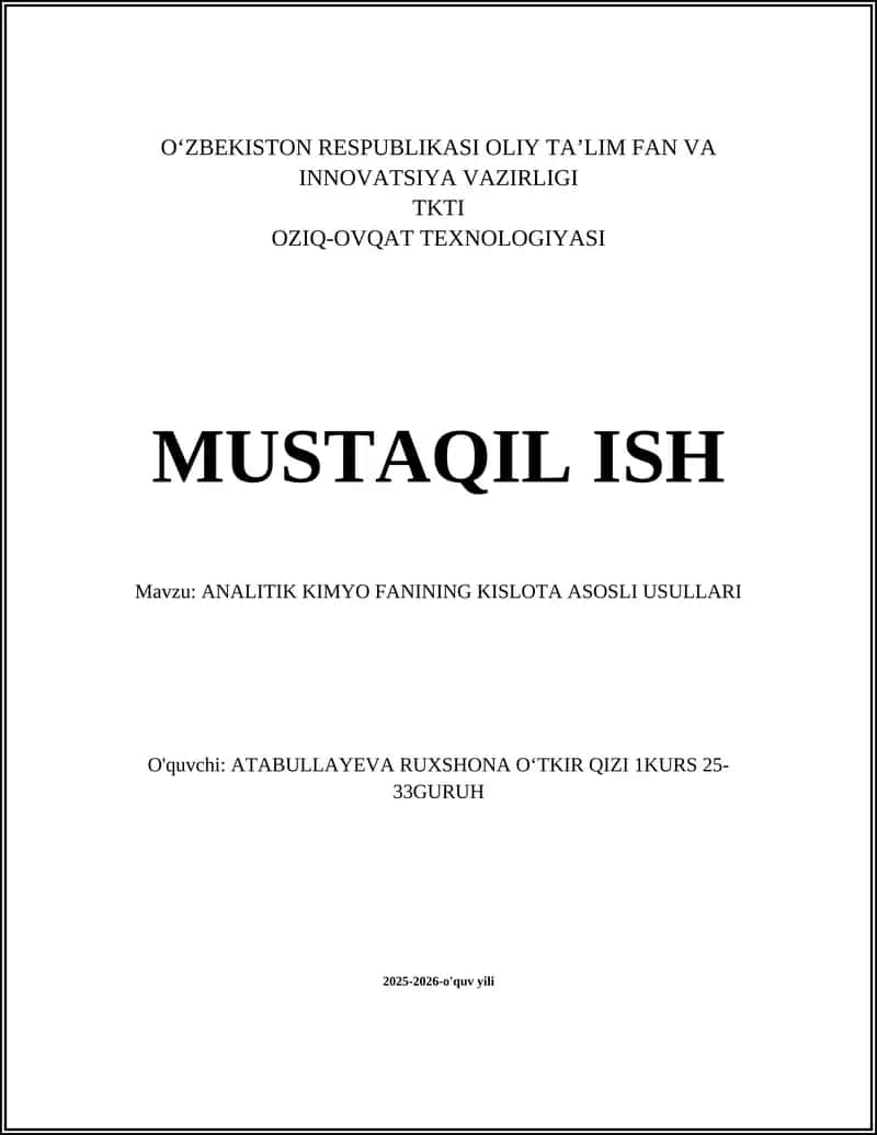 ANALITIK KIMYO FANINING KISLOTA ASOSLI USULLARI