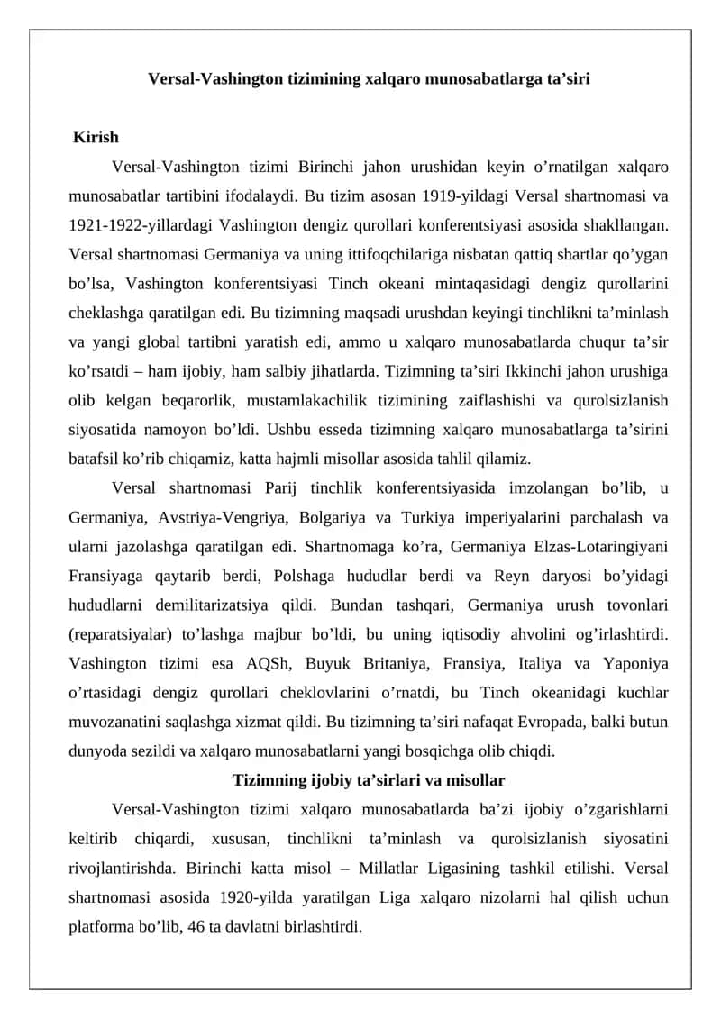Versal-Vashington tizimining xalqaro munosabatlarga ta’siri esse
