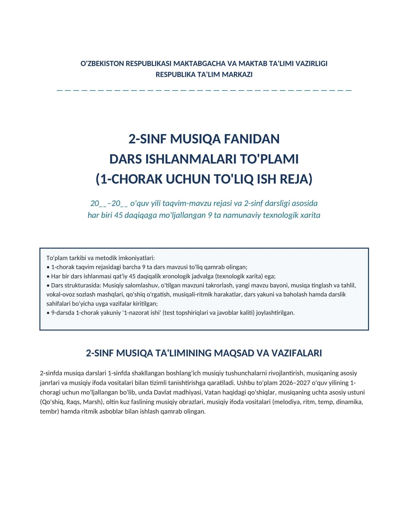 2-sinf Musiqa fanidan 1-chorak Dars ishlanmalari to'plami