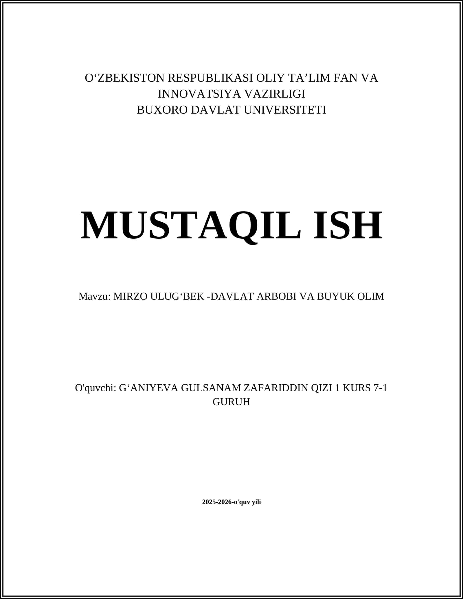 MIRZO ULUGʻBEK -DAVLAT ARBOBI VA BUYUK OLIM