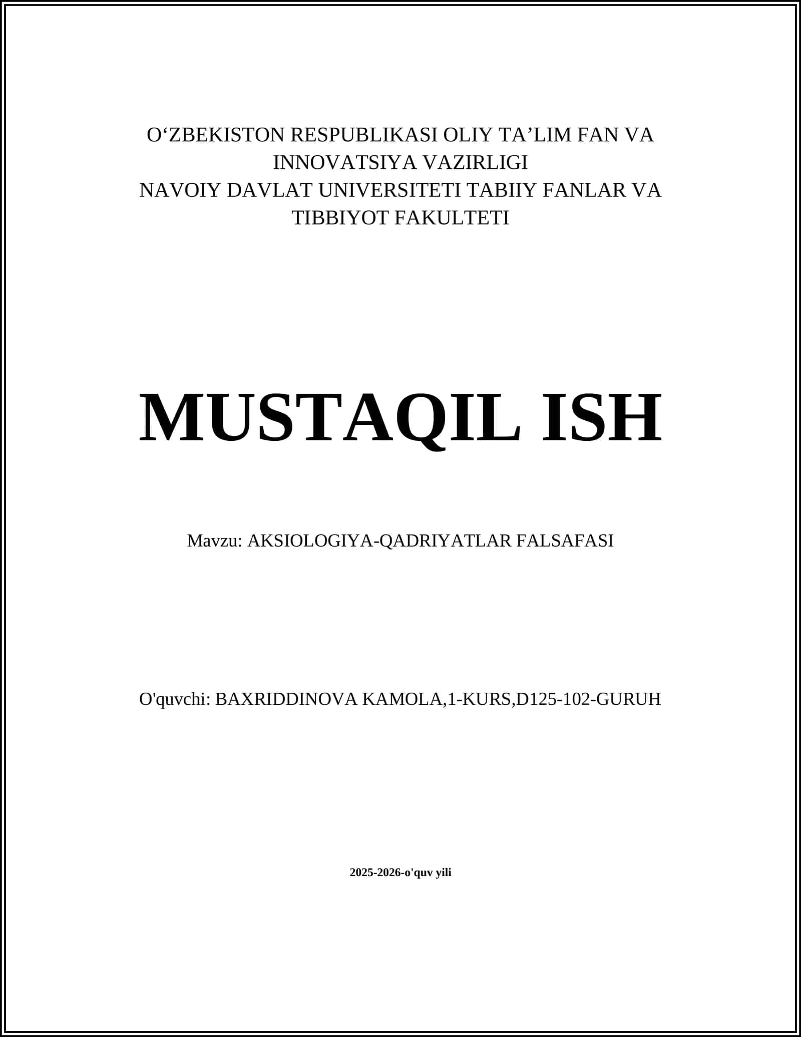 AKSIOLOGIYA-QADRIYATLAR FALSAFASI
