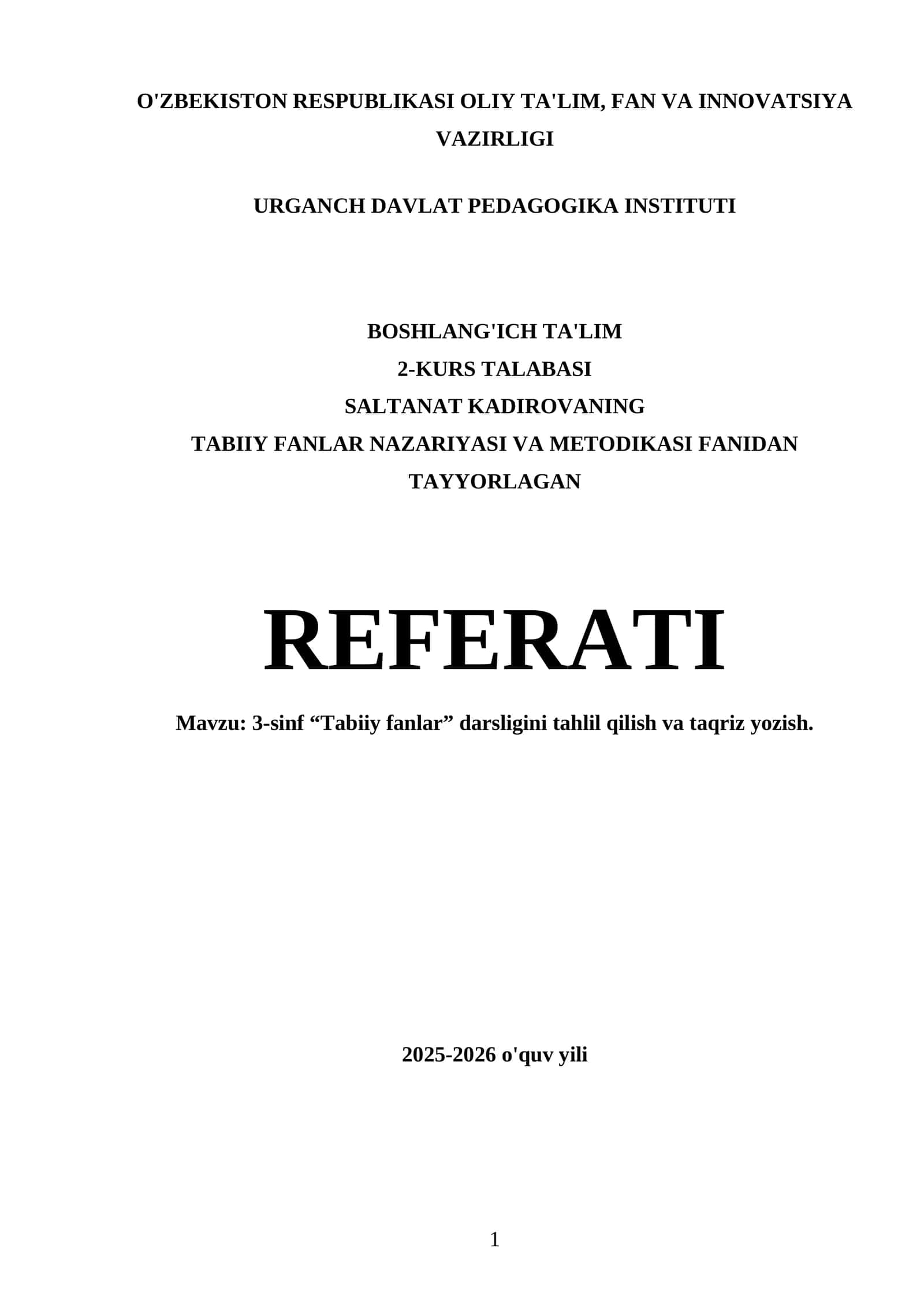 Tabiiy fanlar nazariyasi va metodikasi fanidan tayorlagan referat