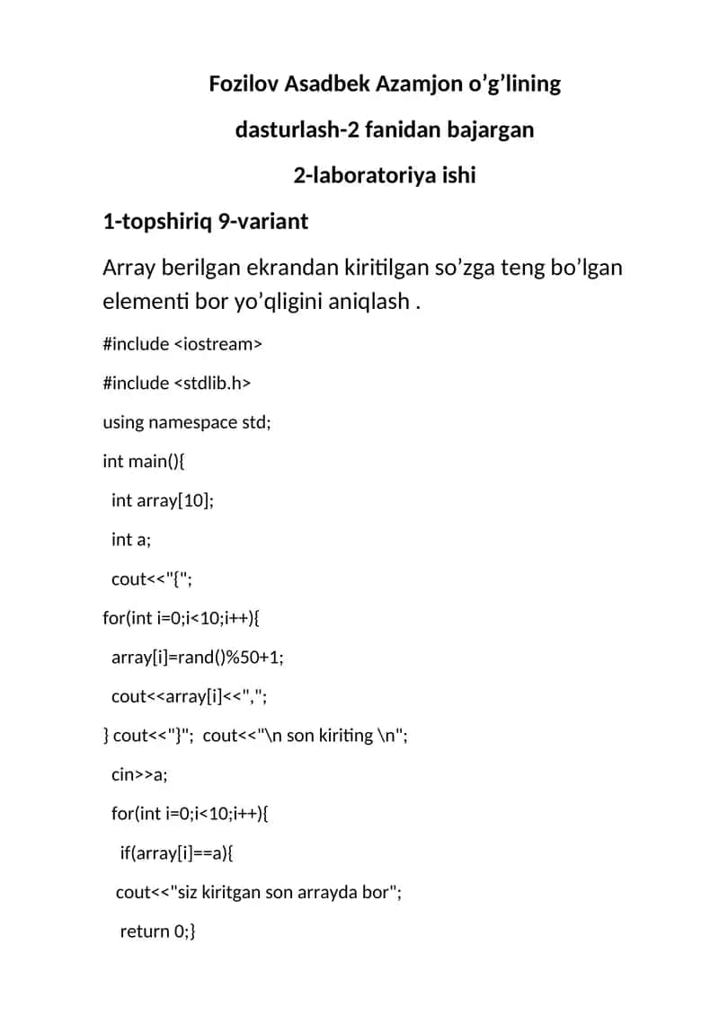 Array berilgan ekrandan kiritilgan so’zga teng bo’lgan elementi aniqlash