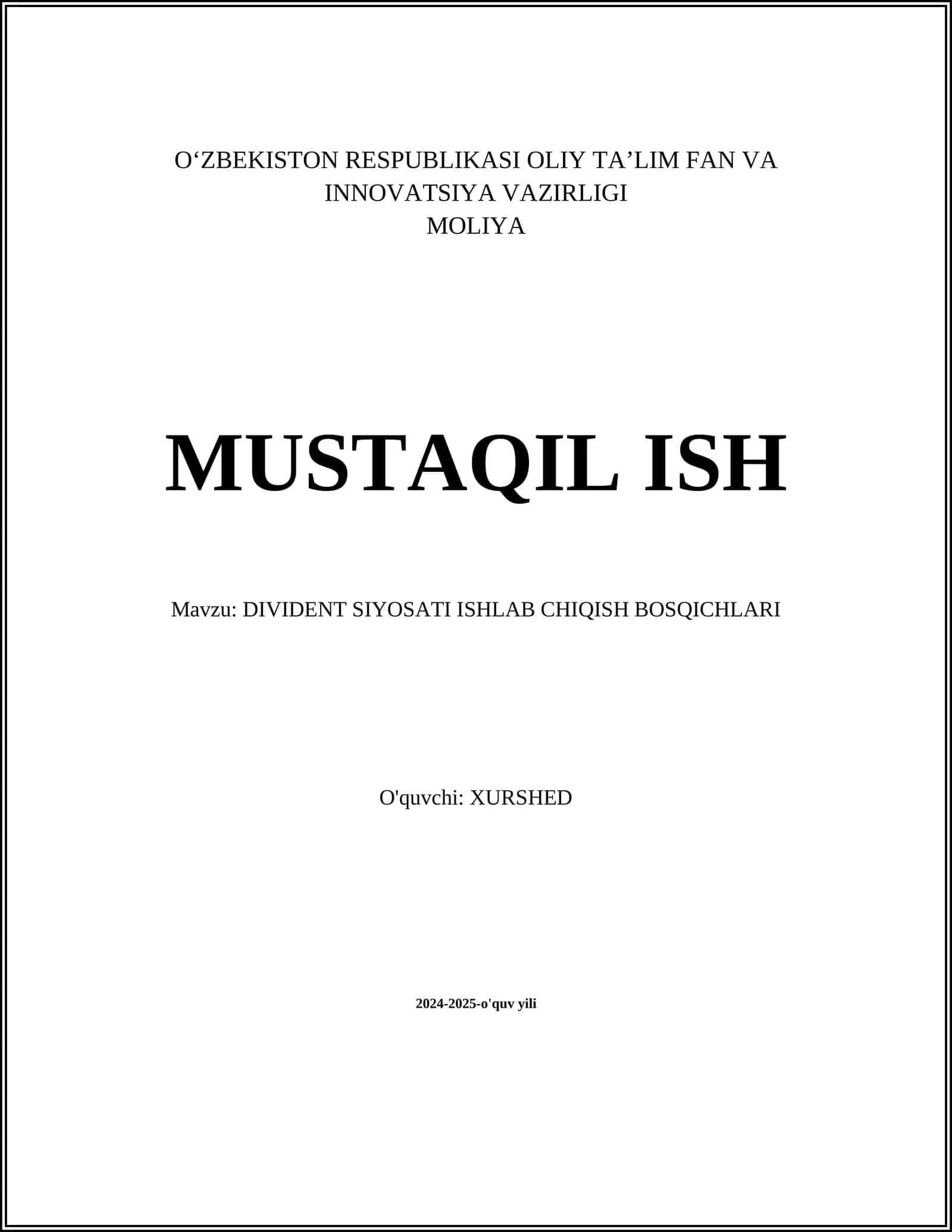 DIVIDENT SIYOSATI ISHLAB CHIQISH BOSQICHLARI