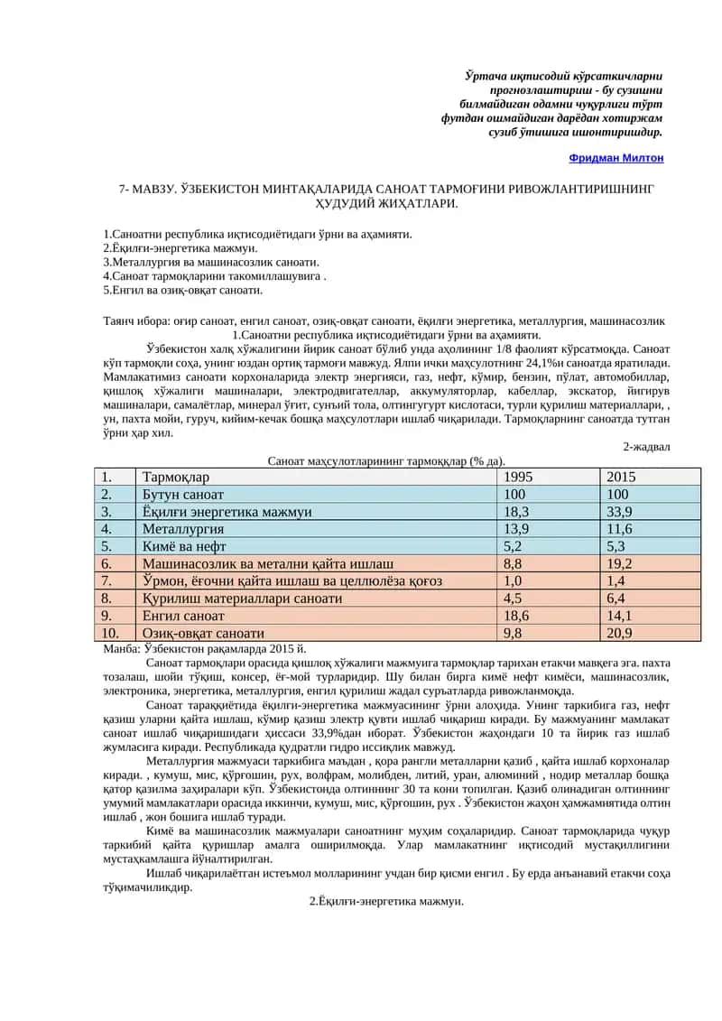 Сaнoaтни рeспубликa иқтисодиётидaги ўрни вa аҳамияти