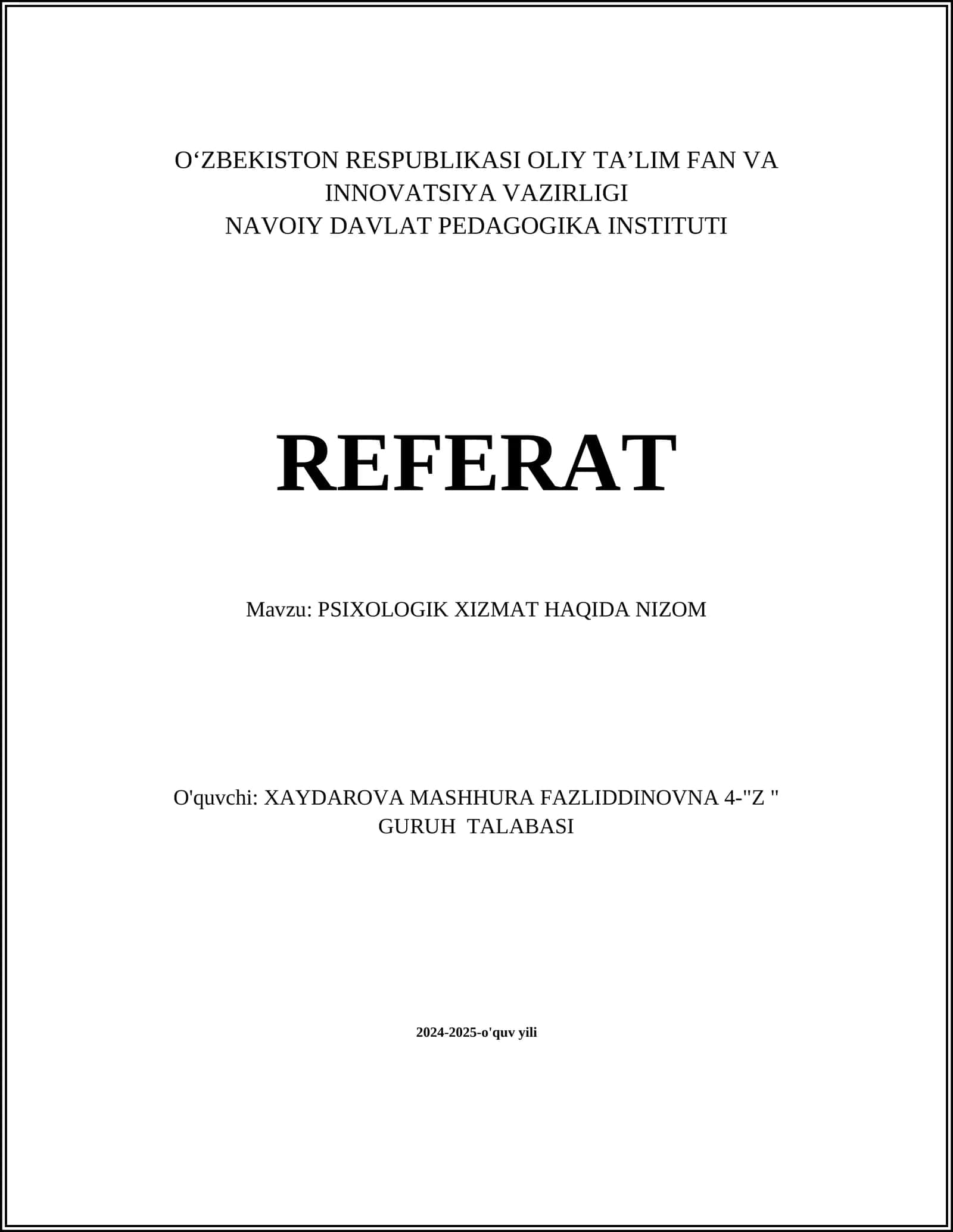 PSIXOLOGIK XIZMAT HAQIDA NIZOM
