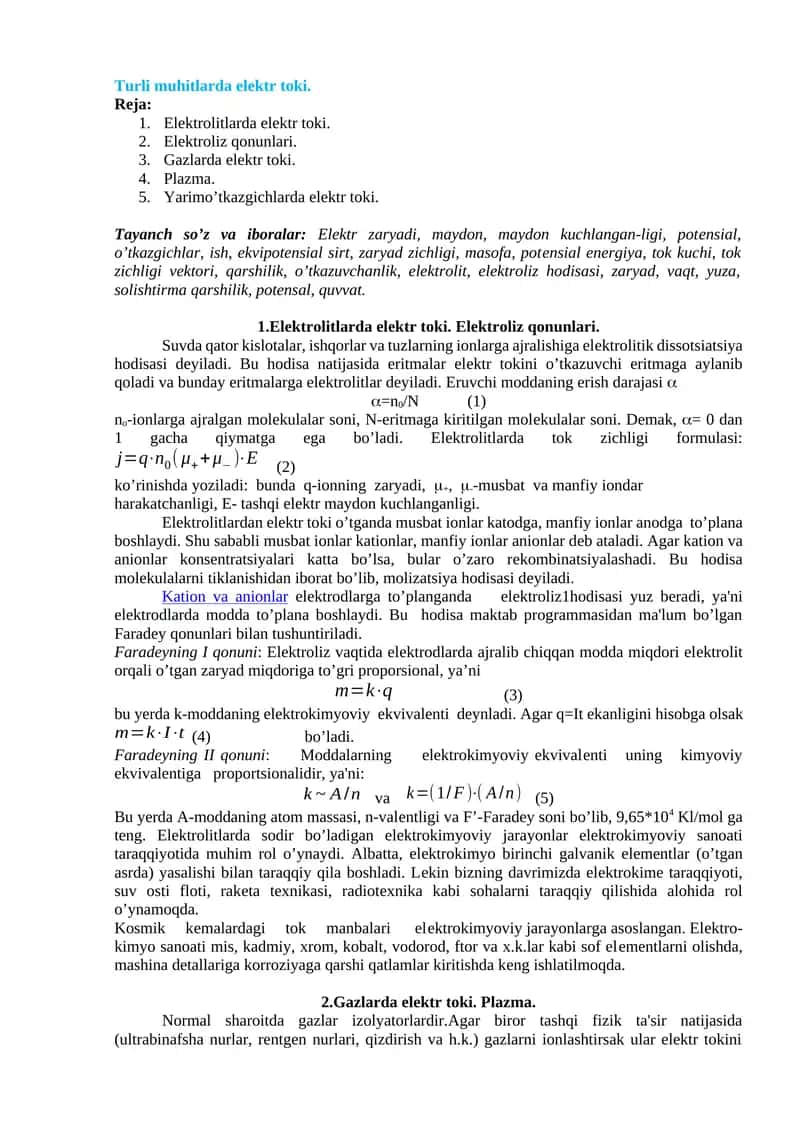 Turli muhitlarda elektr toki.