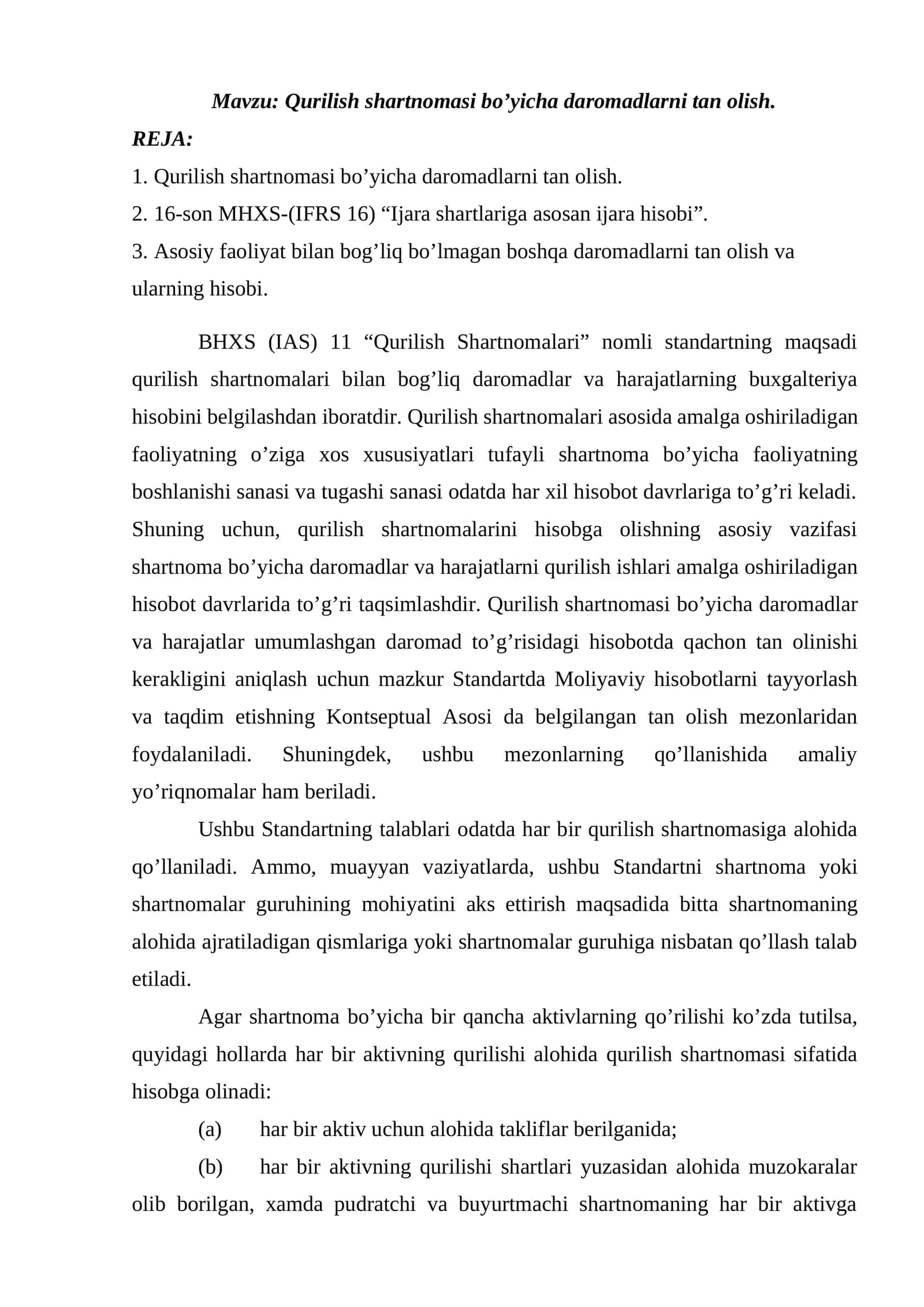 Qurilish shartnomasi bo’yicha daromadlarni tan olish