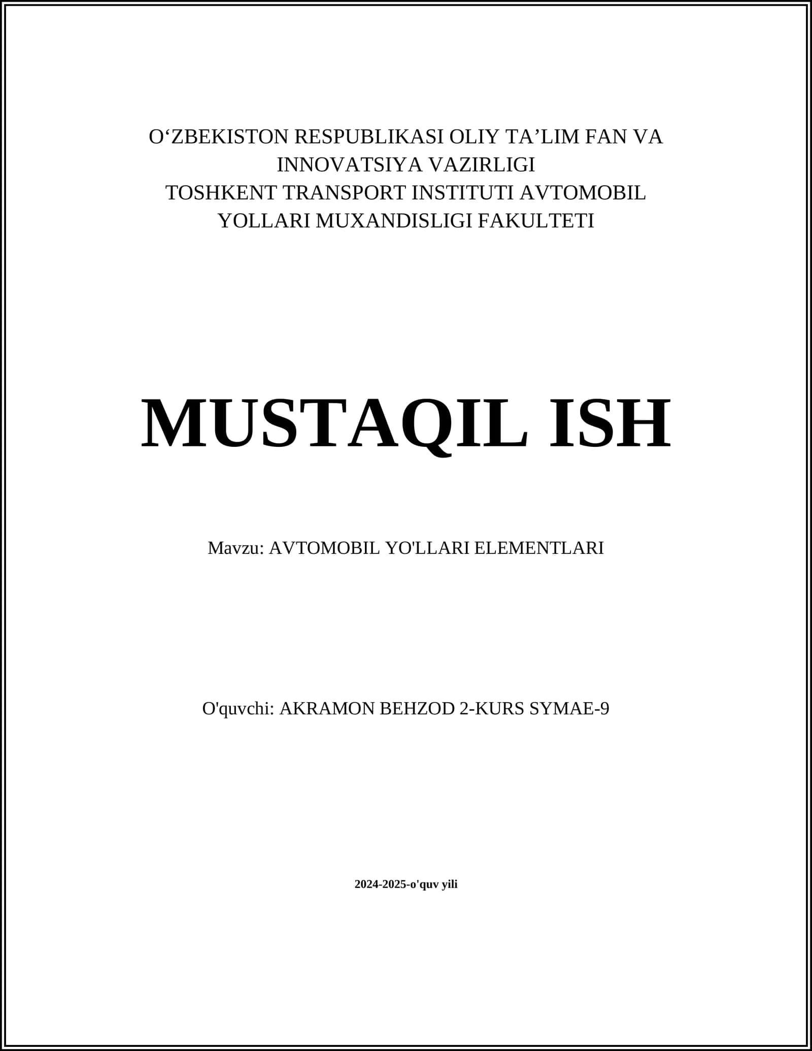 AVTOMOBIL YO'LLARI ELEMENTLARI