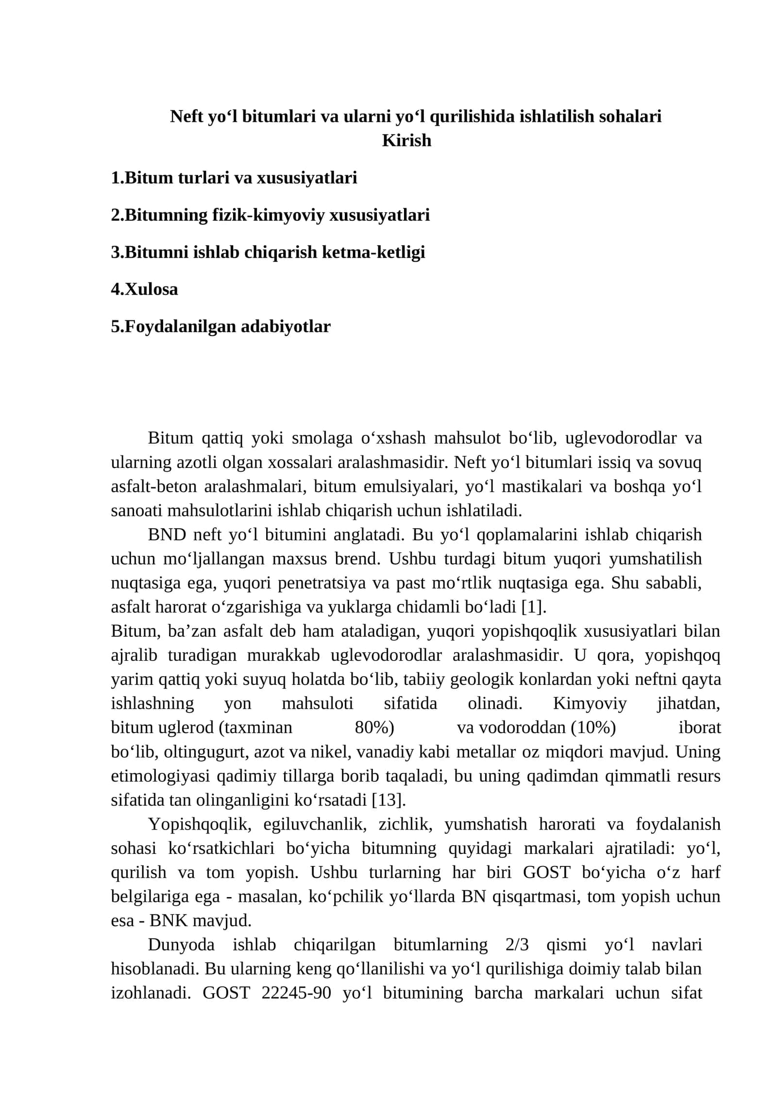 Neft yo‘l bitumlari va ularni yo‘l qurilishida ishlatilish sohalari