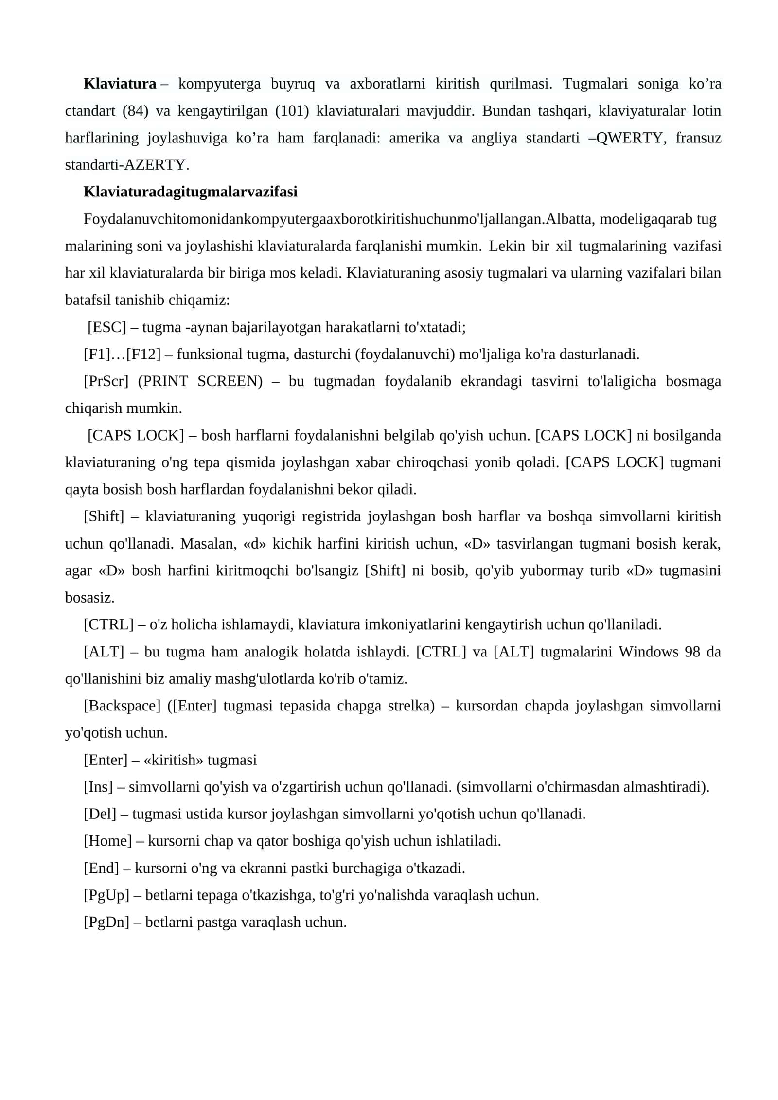 Klaviatura va uning tugmalari