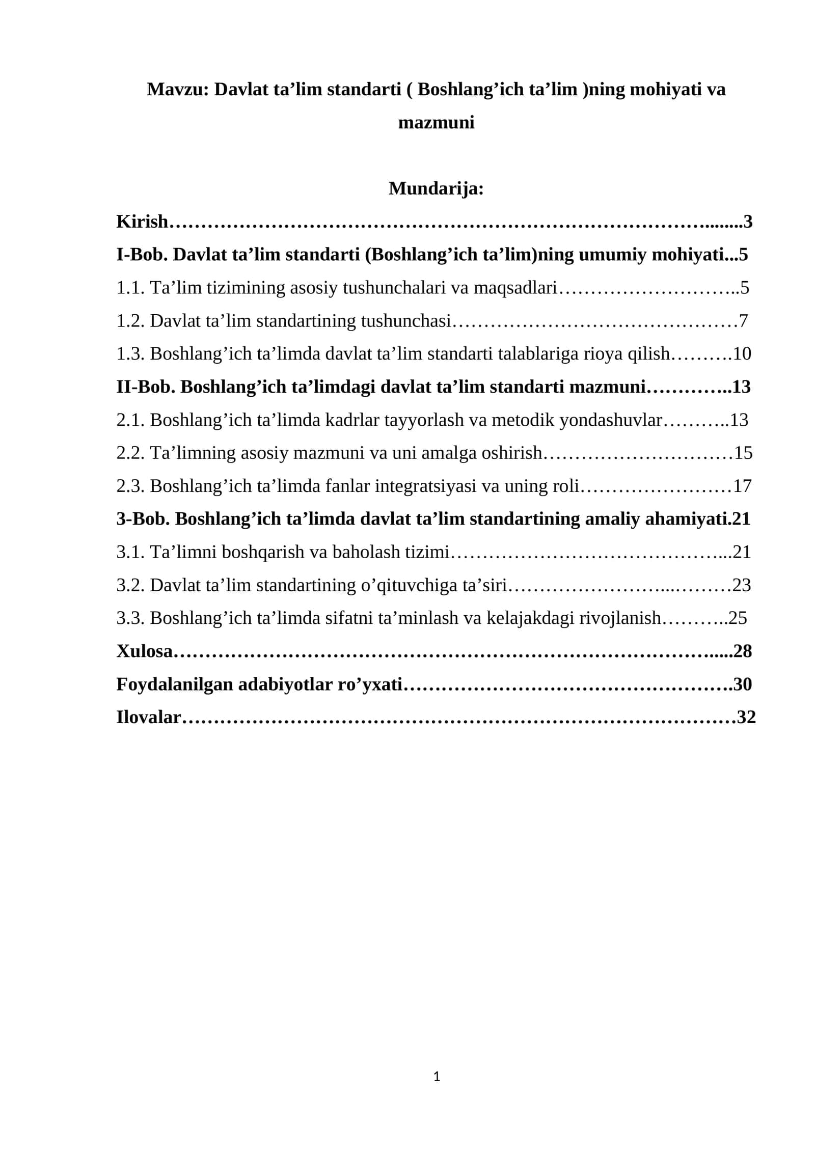Davlat ta’lim standarti ( Boshlang’ich ta’lim )ning mohiyati va mazmuni