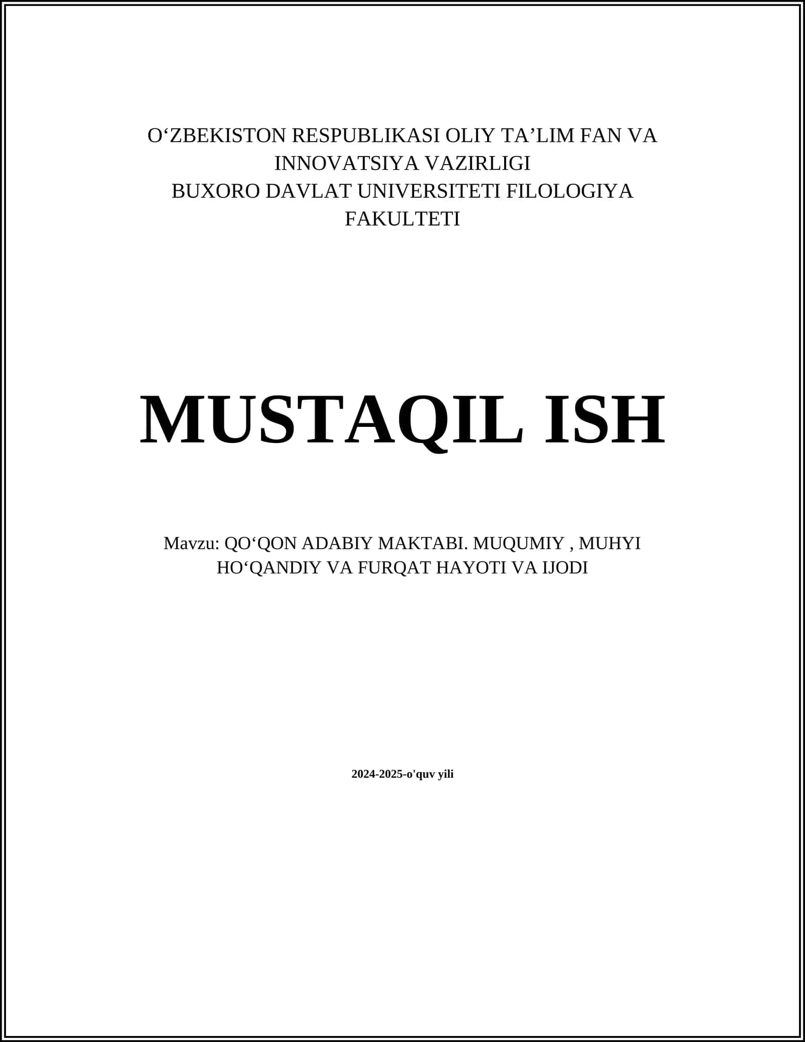 QO'QON ADABIY MAKTABI. MUQUMIY, MUHYI HOʻQANDIY VA FURQAT HAYOTI VA IJODI