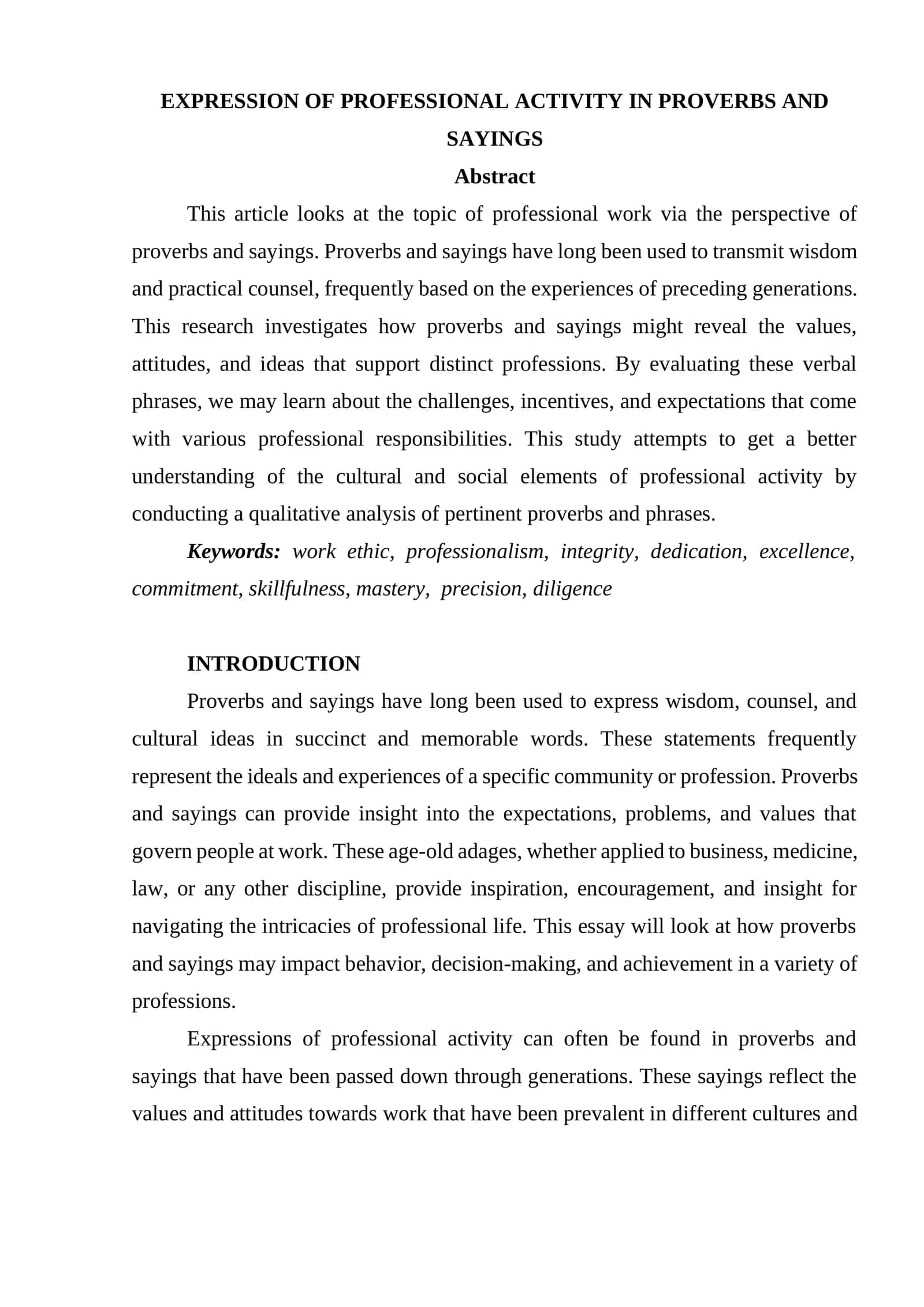 EXPRESSION OF PROFESSIONAL ACTIVITY IN PROVERBS AND SAYINGS