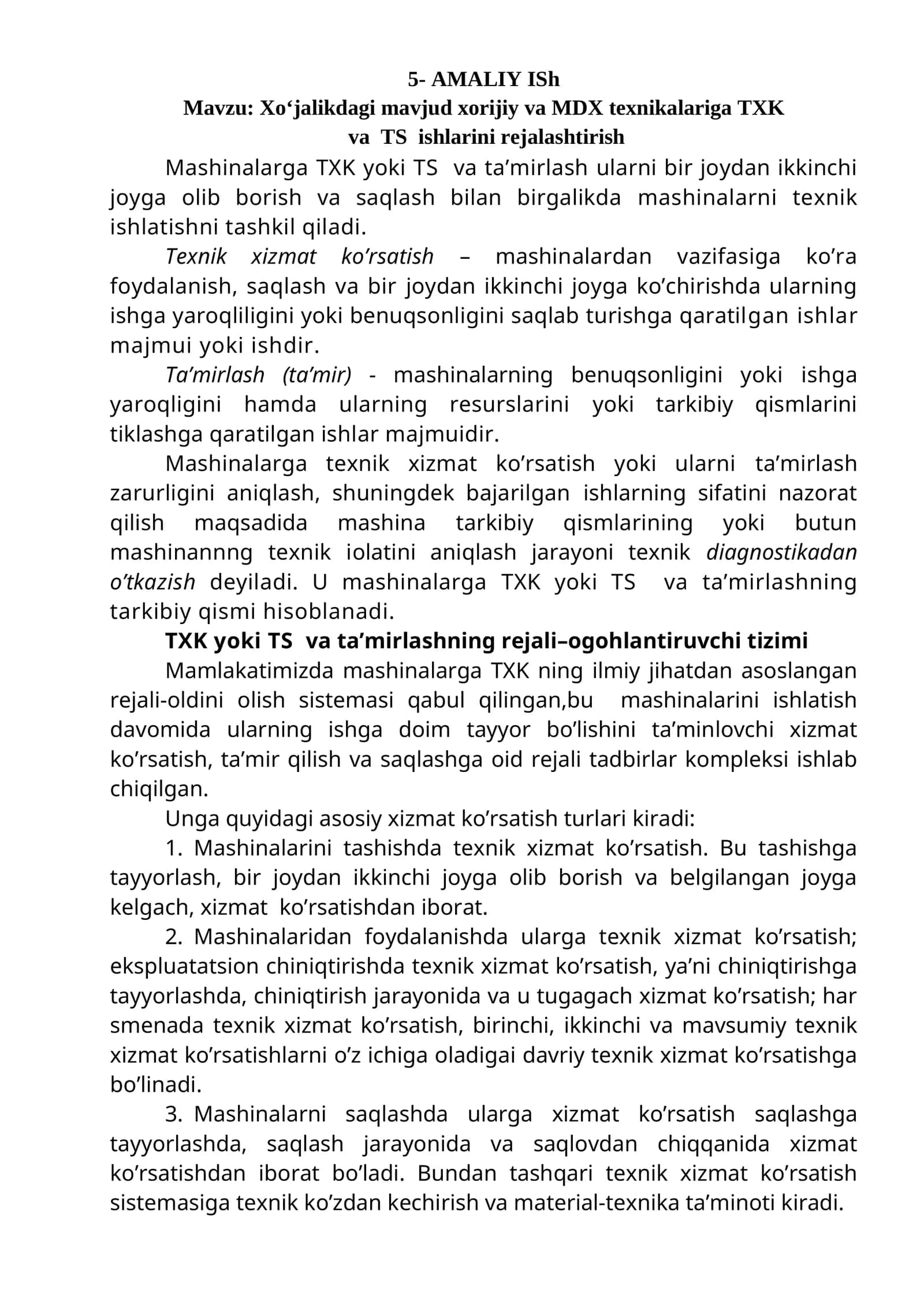 Xo‘jalikdagi mavjud xorijiy va MDX texnikalariga TXK va TS ishlarini rejalashtirish