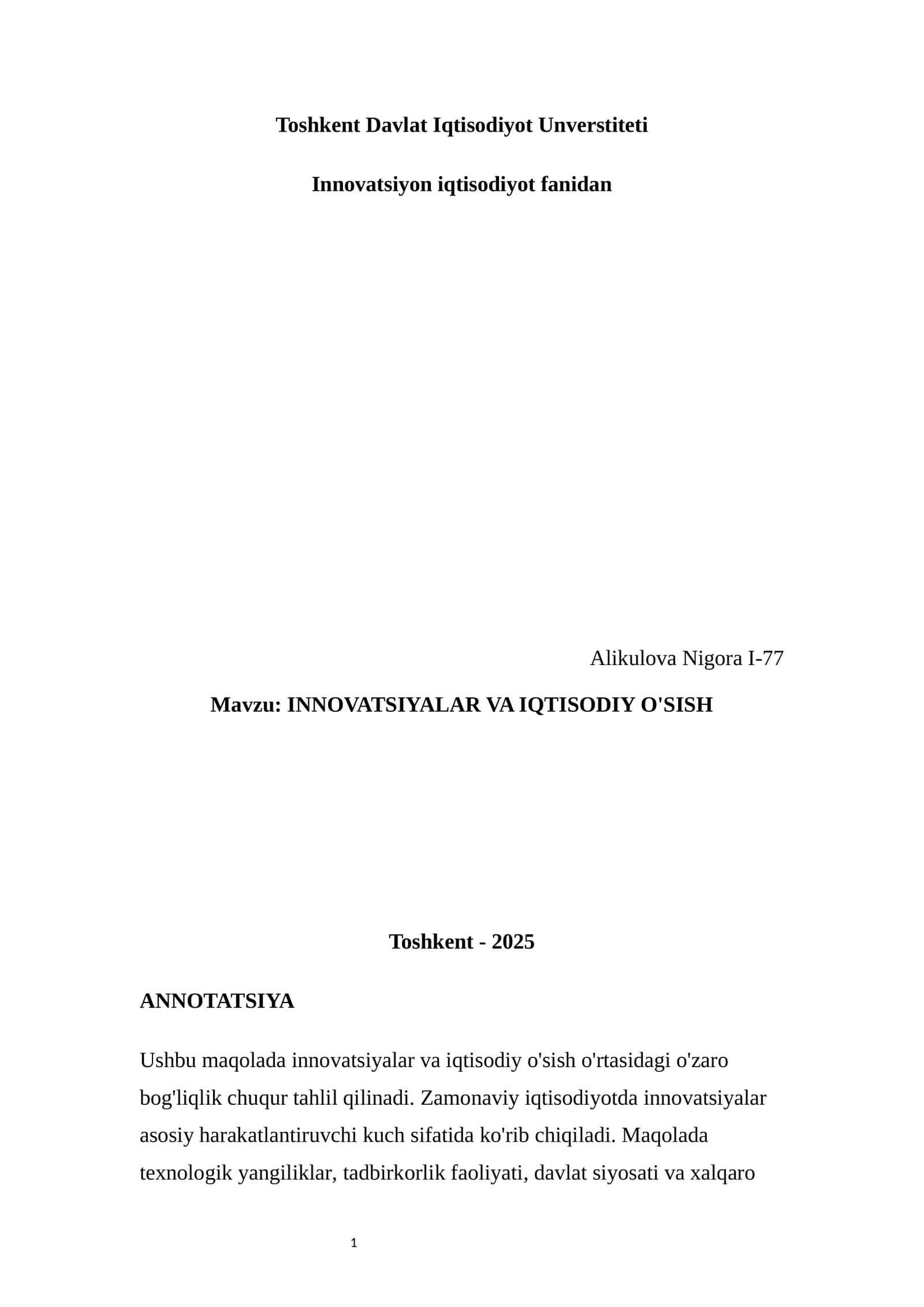 INNOVATSIYALAR VA IQTISODIY O'SISH
