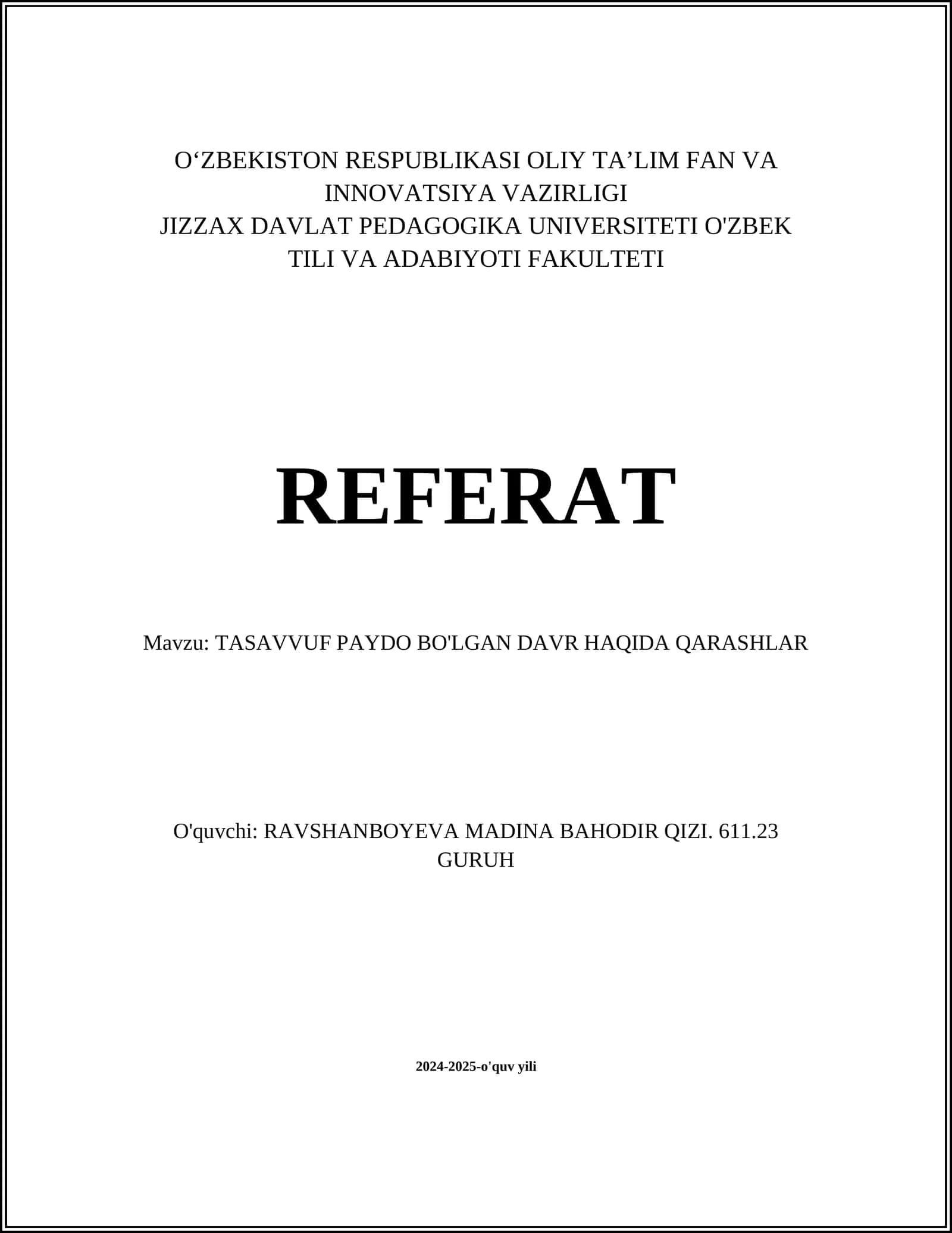 TASAVVUF PAYDO BO'LGAN DAVR HAQIDA QARASHLAR