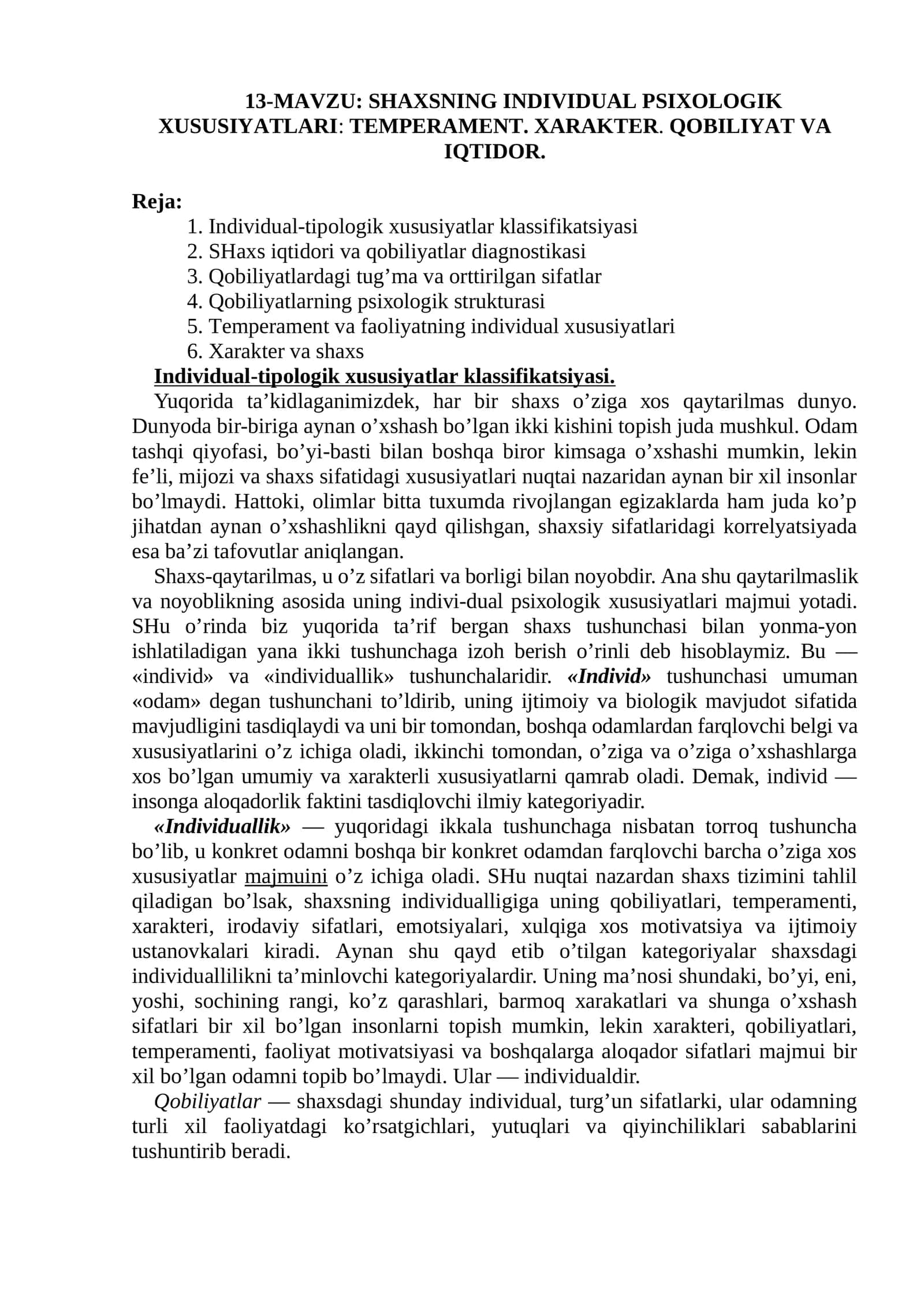 ShaxsnIng Individual Psixologik Xususiyatlari: Temperament. Xarakter. Qobiliyat va Iqtidor