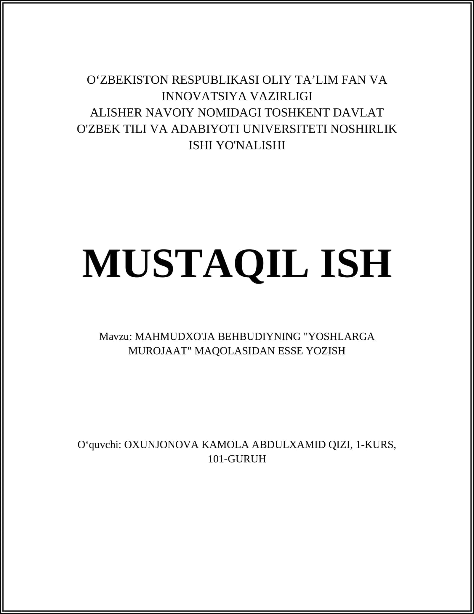 MAHMUDXO'JA BEHBUDIYNING "YOSHLARGA MUROJAAT" MAQOLASIDAN ESSE YOZISH