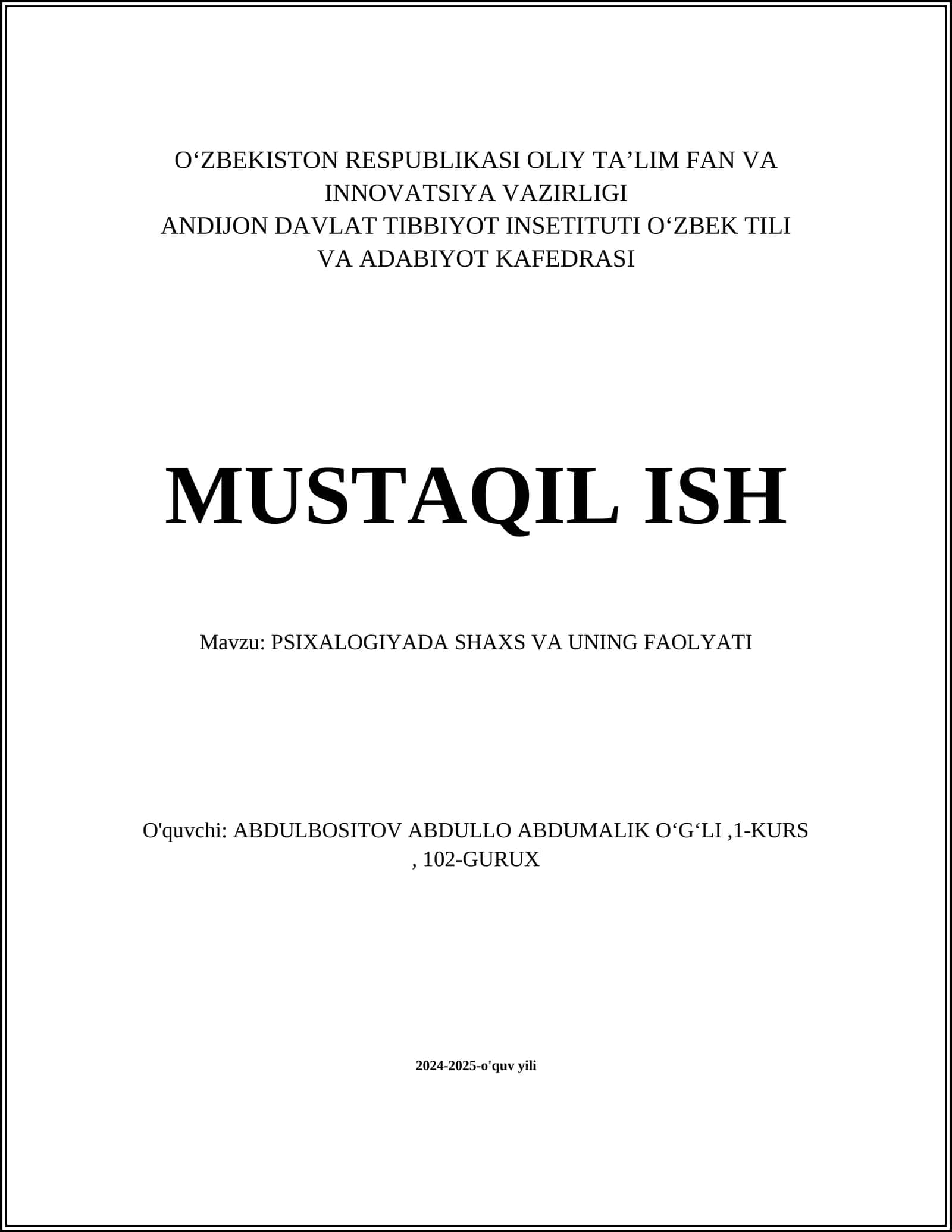 PSIXALOGIYADA SHAXS VA UNING FAOLYATI