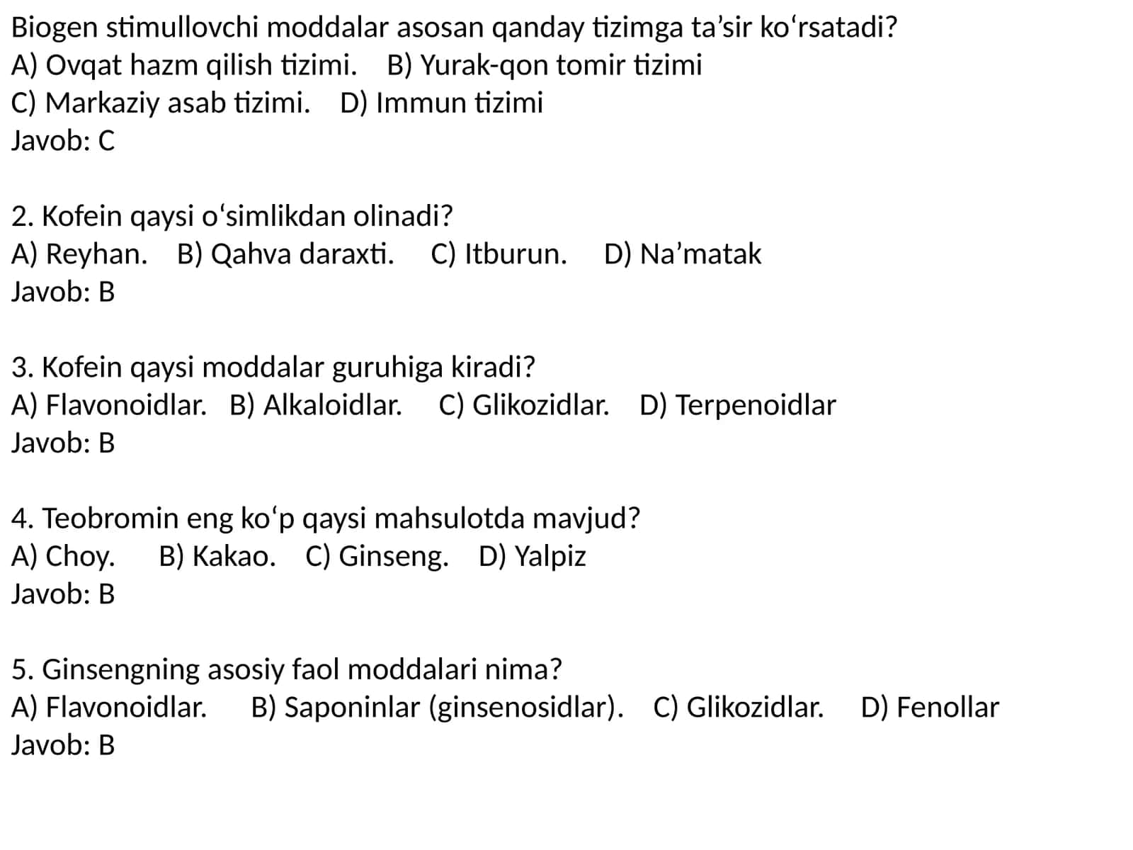 dorivor o'simliklar haqida test