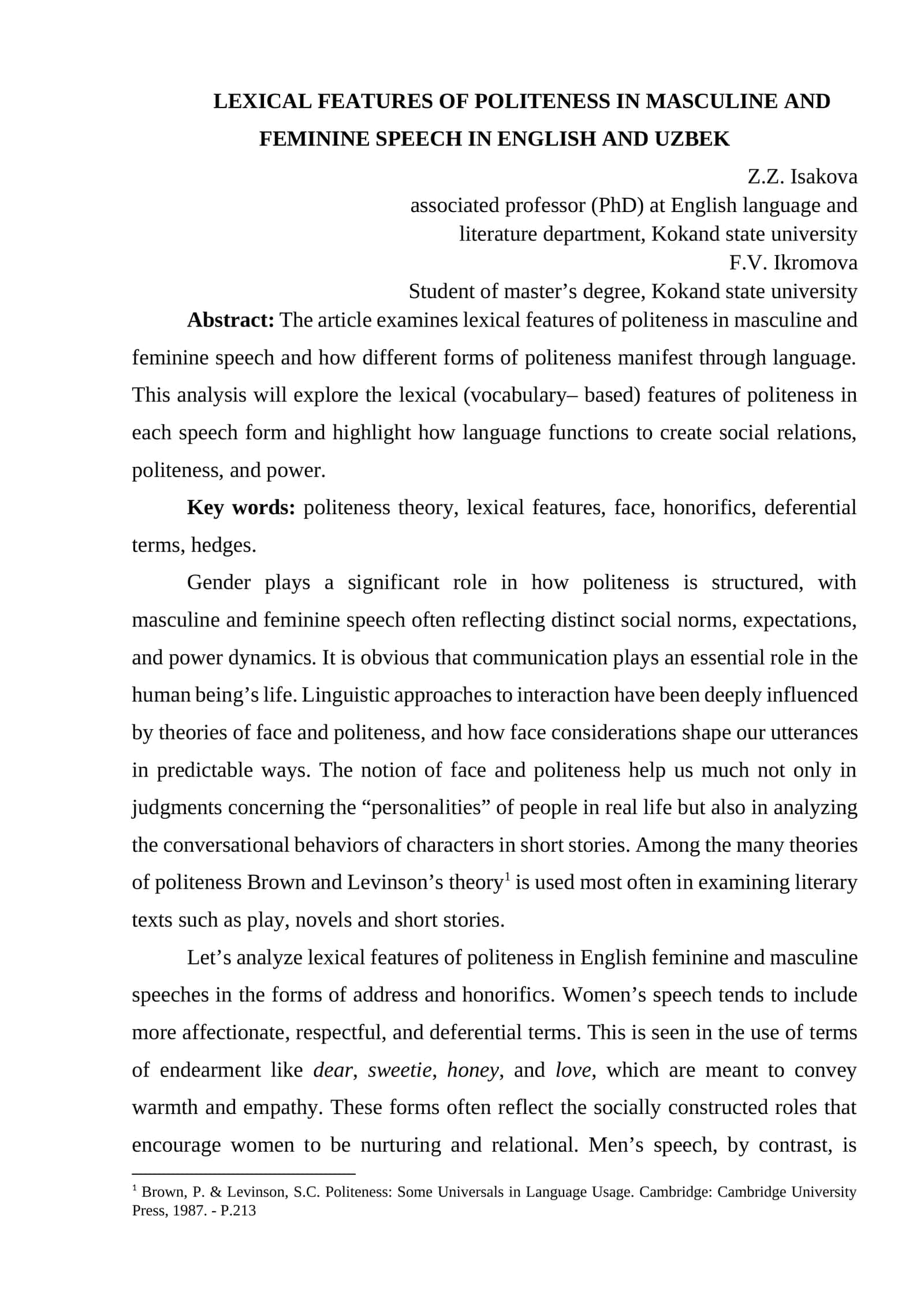 LEXICAL FEATURES OF POLITENESS IN MASCULINE AND FEMININE SPEECH IN ENGLISH AND UZBEK