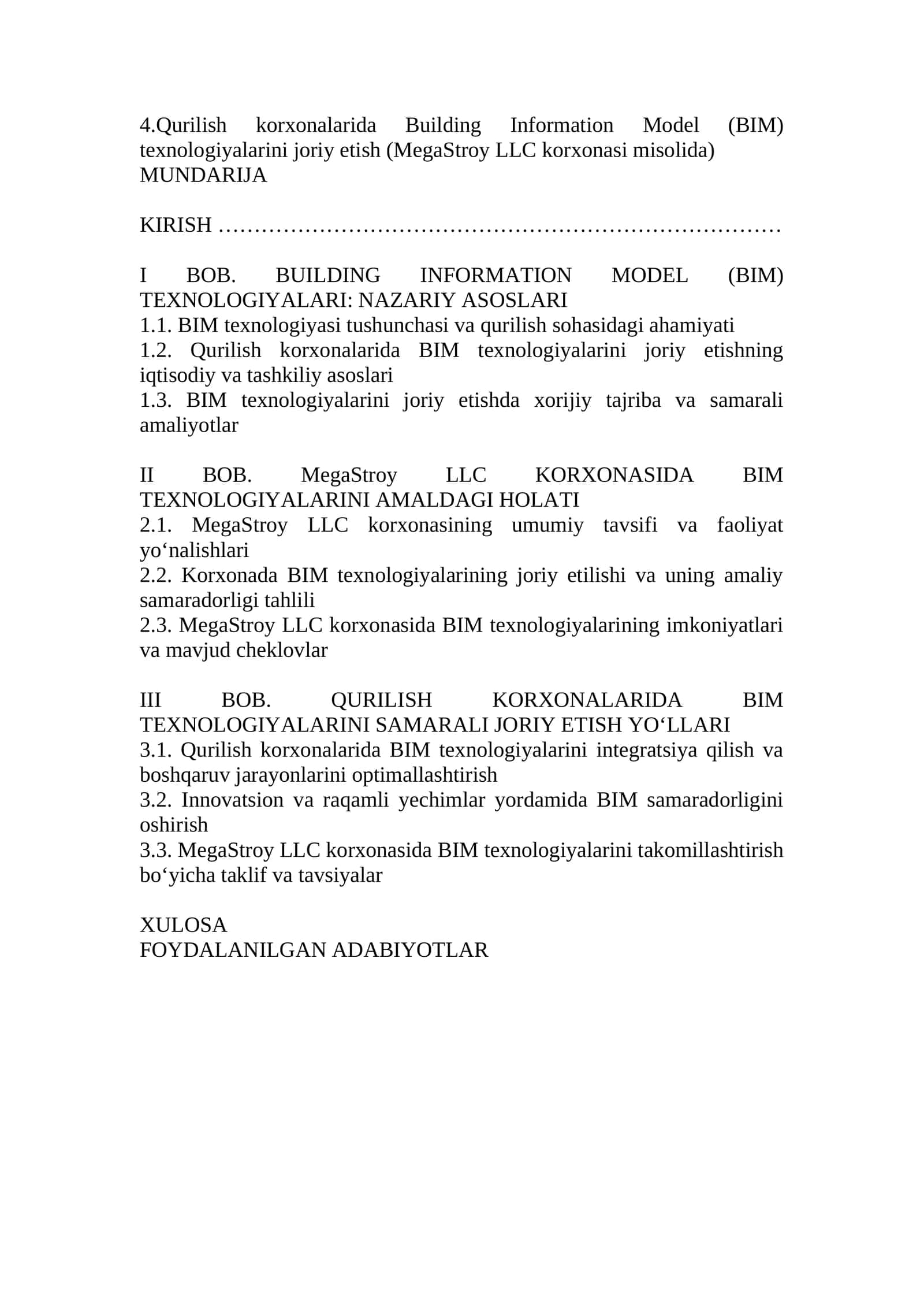 Qurilish korxonalarida Building Information Model (BIM) texnologiyalarini joriy etish