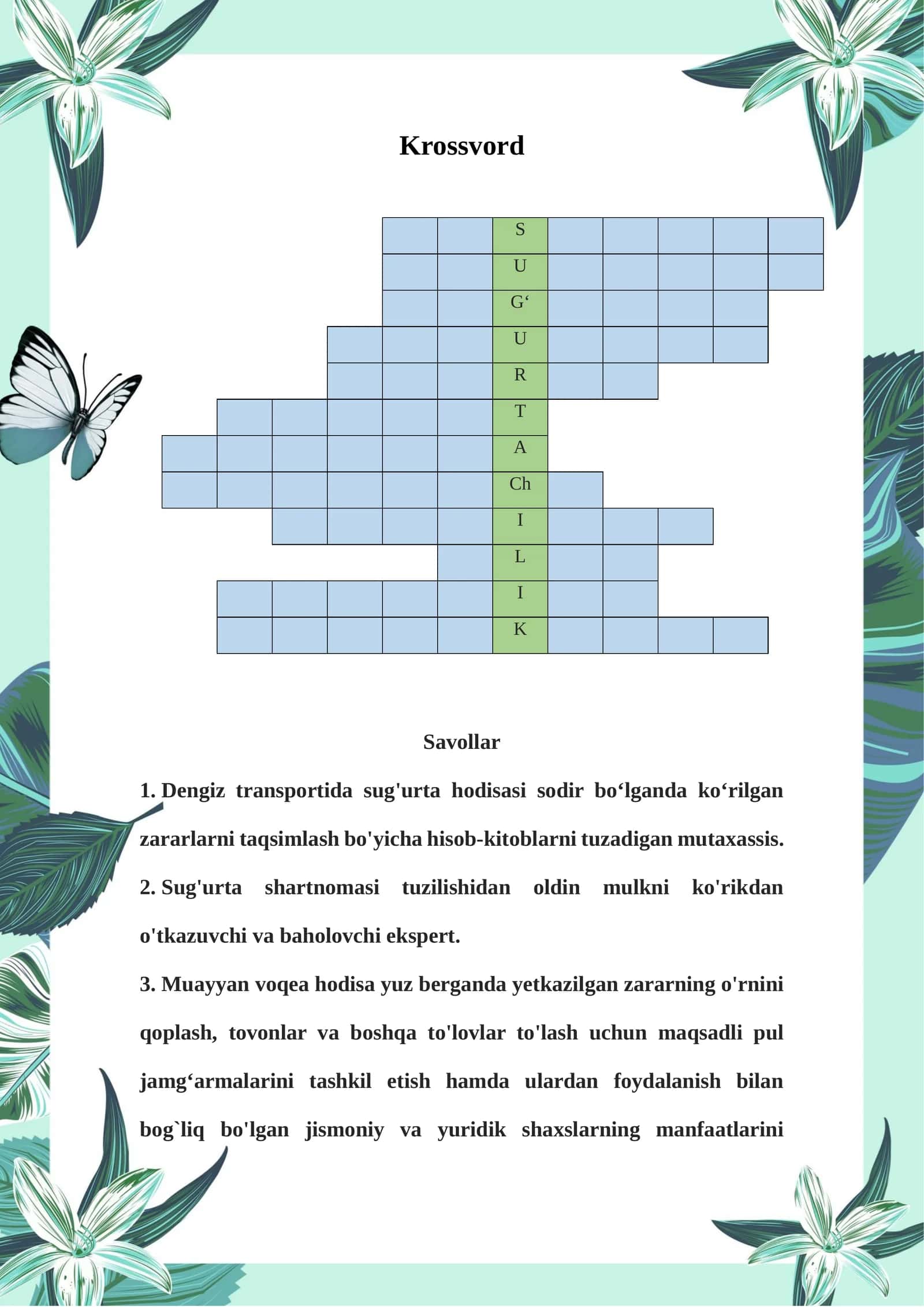 Sugʻurtaga oid  krossvord