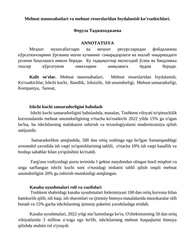 Mehnat munosabatlari va mehnat resurslaridan foydalanish ko’rsatkichlari