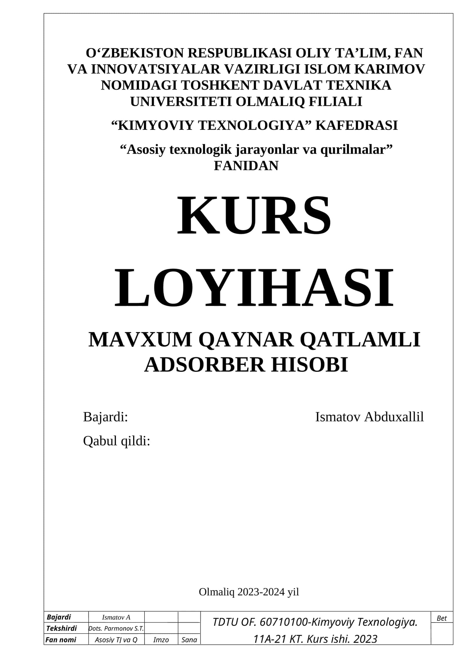MAVXUM QAYNAR QATLAMLI ADSORBER HISOBI
