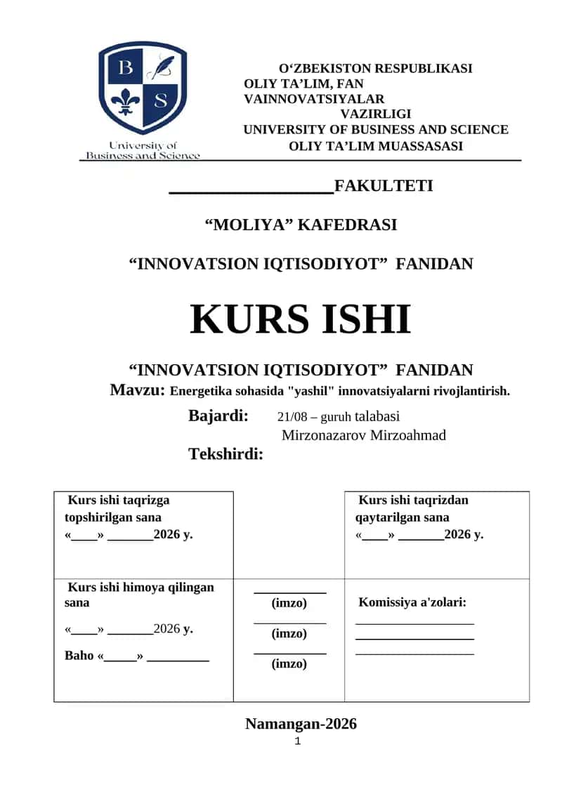 Energetika sohasida "yashil" innovatsiyalarni rivojlantirish