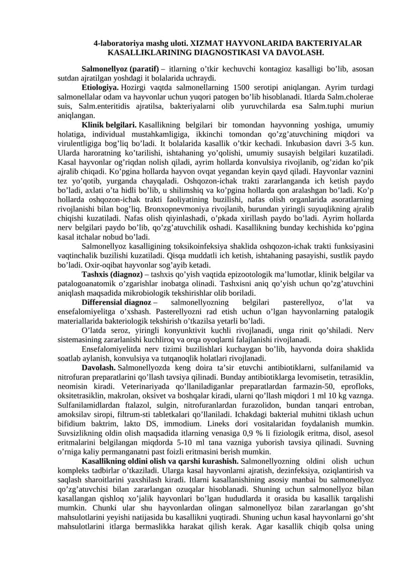 XIZMAT HAYVONLARIDA BAKTERIYALAR KASALLIKLARINING DIAGNOSTIKASI VA DAVOLASH
