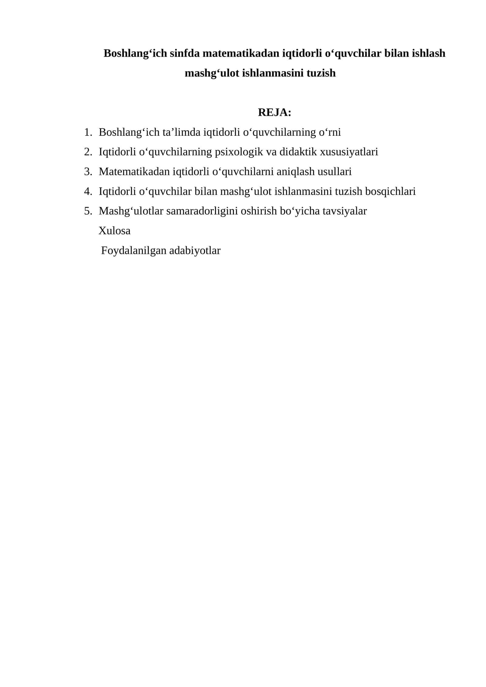 Boshlang‘ich sinfda matematikadan iqtidorli o‘quvchilar bilan ishlash mashg‘ulot ishlanmasini tuzish