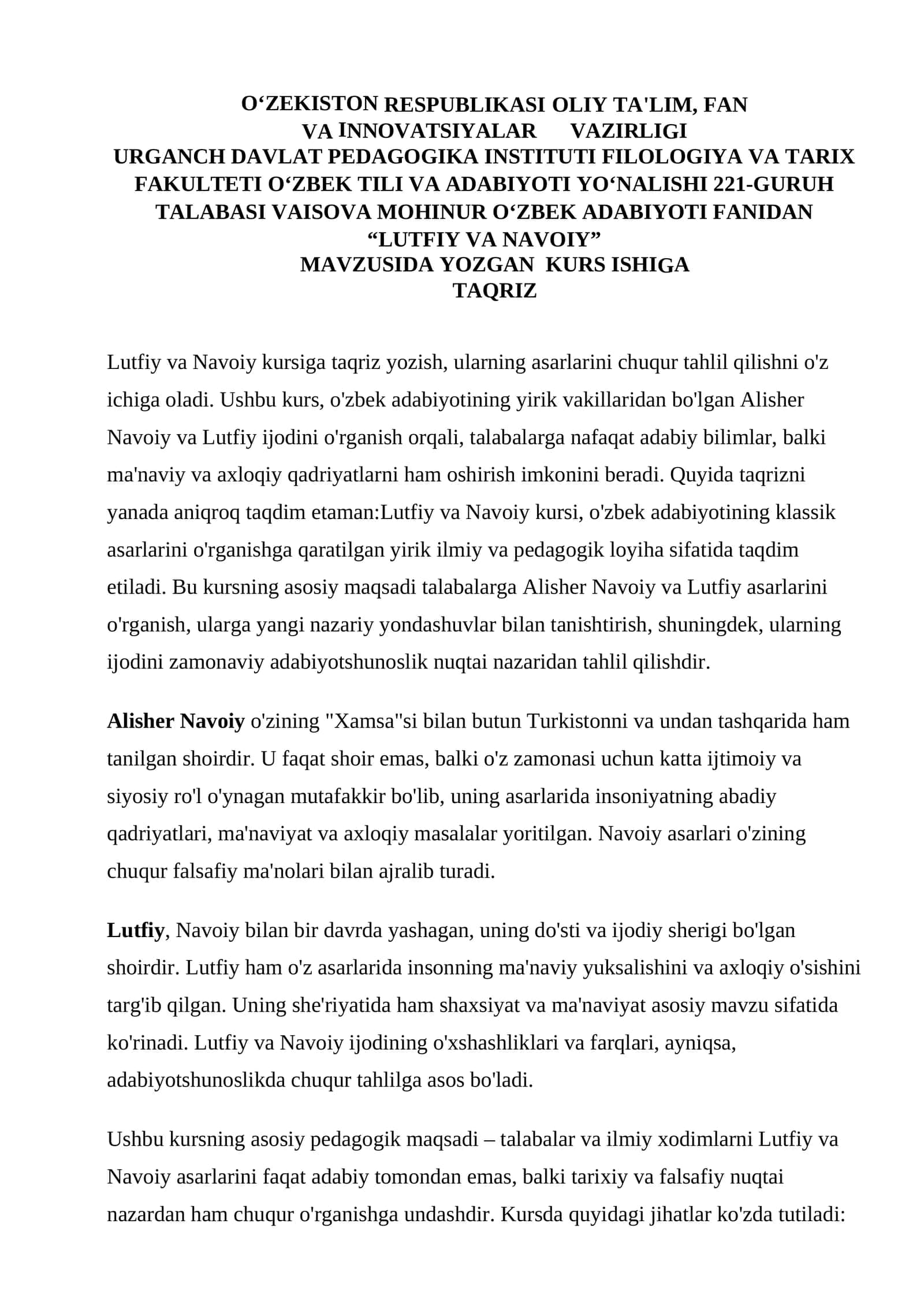 Lutfiy va Navoiy kursi