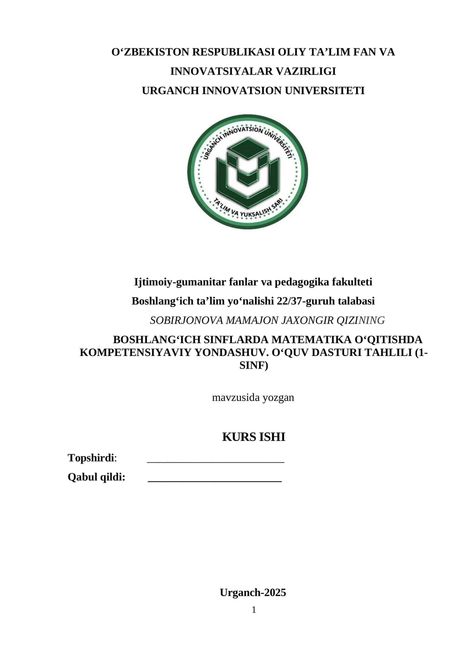 BOSHLANG‘ICH SINFLARDA MATEMATIKA O‘QITISHDA KOMPETENSIYAVIY YONDASHUV. O‘QUV DASTURI TAHLILI (1-SINF)
