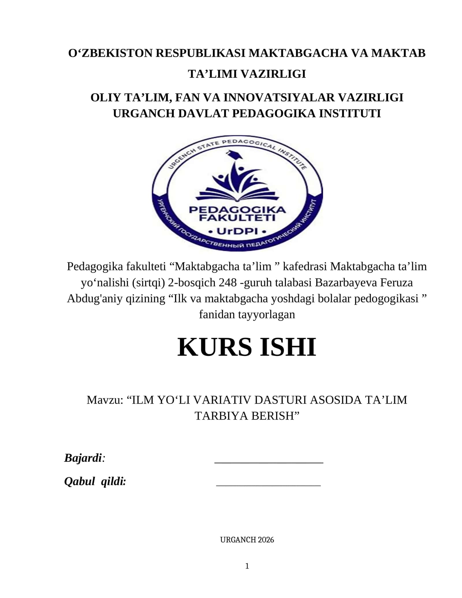 ILM YOʻLI VARIATIV DASTURI ASOSIDA TA’LIM TARBIYA BERISH