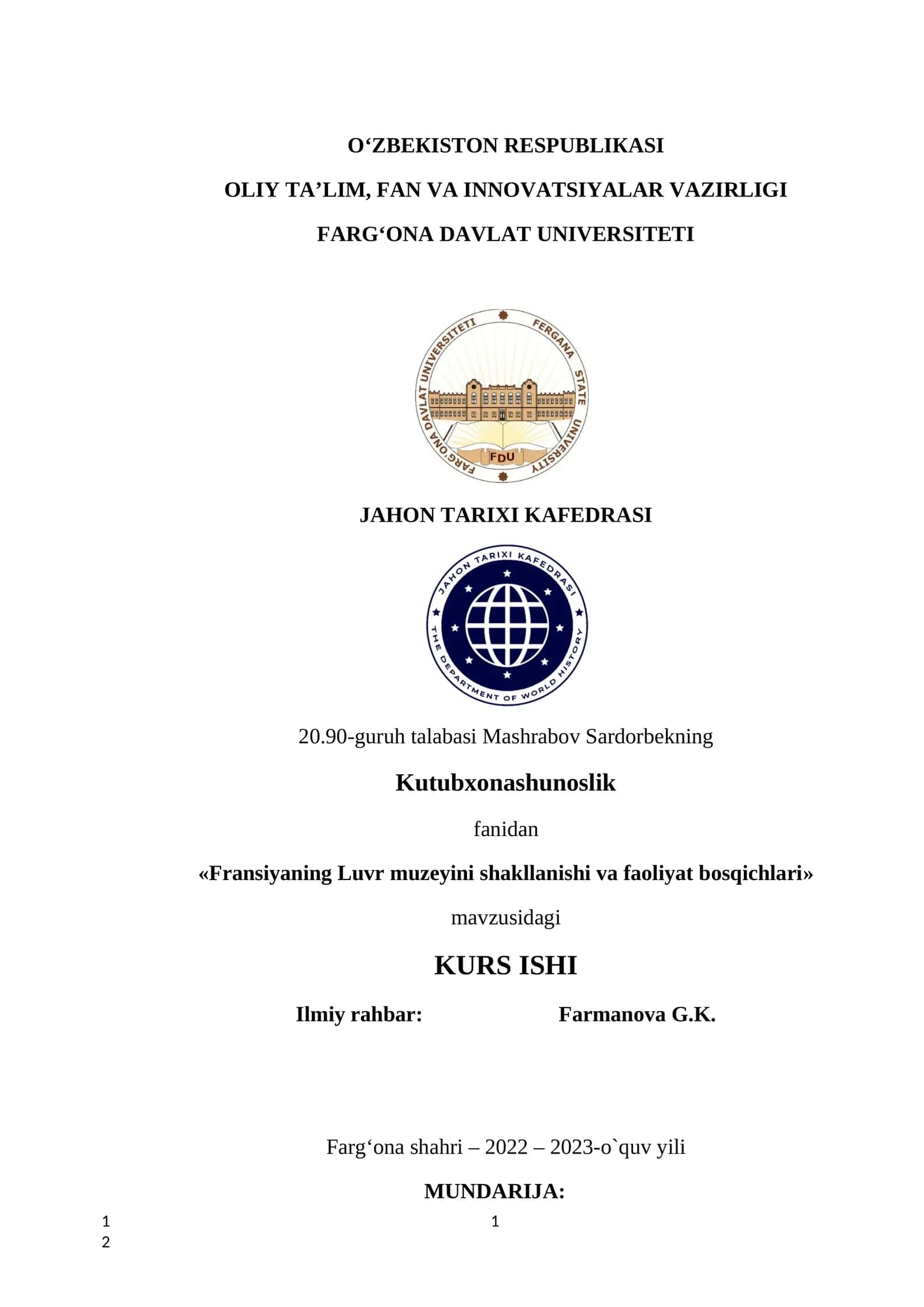 Fransiyaning Luvr muzeyini shakllanishi va faoliyat bosqichlari kurs ishi