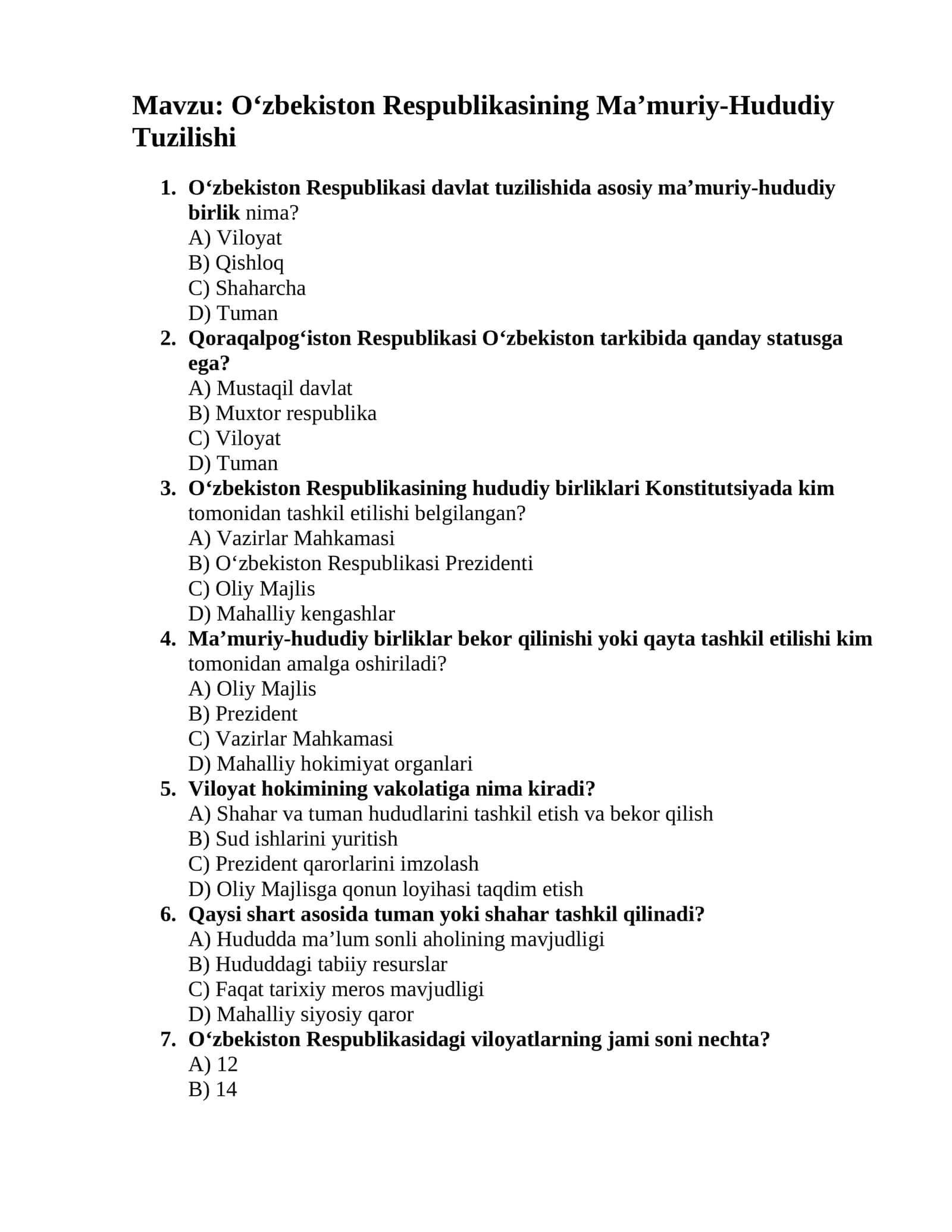Oʻzbekiston Respublikasining Ma’muriy-Hududiy Tuzilishi