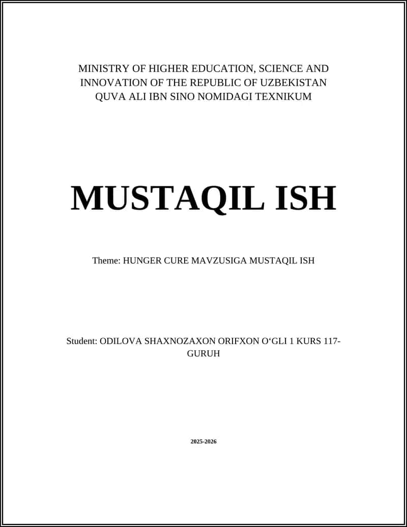 HUNGER CURE MAVZUSIGA MUSTAQIL ISH