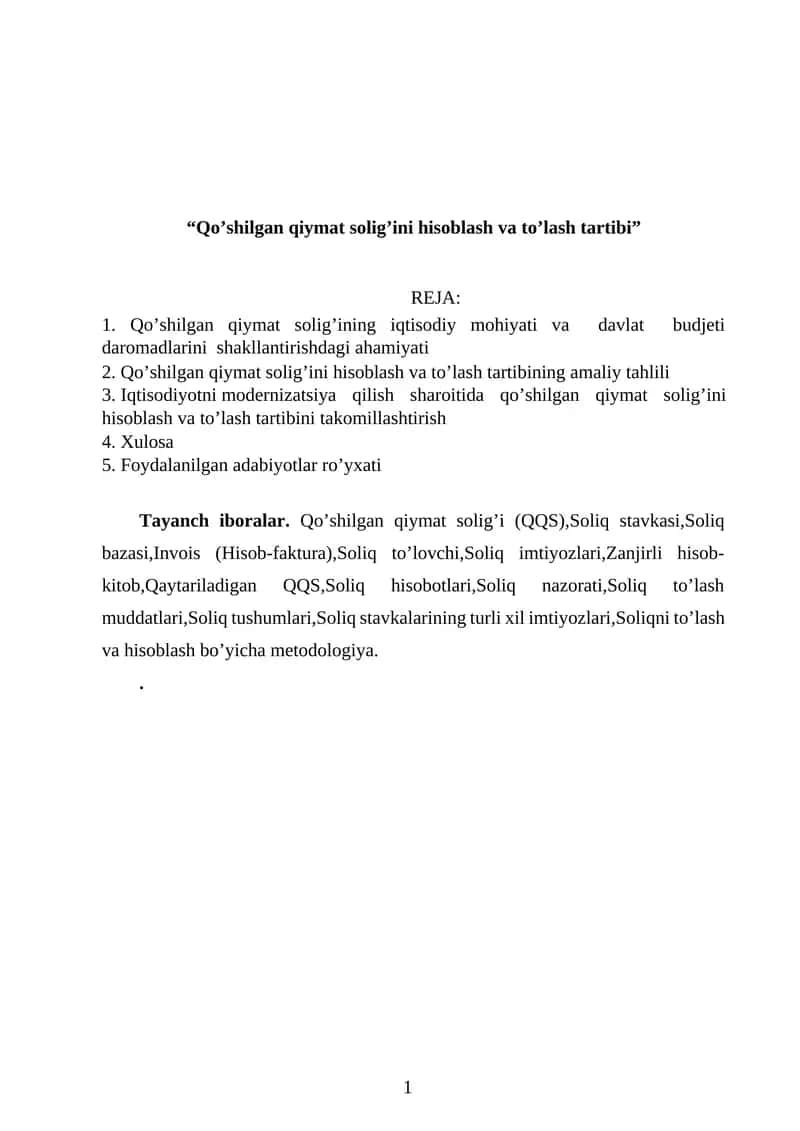 Qo’shilgan qiymat solig’ini hisoblash va to’lash tartibi