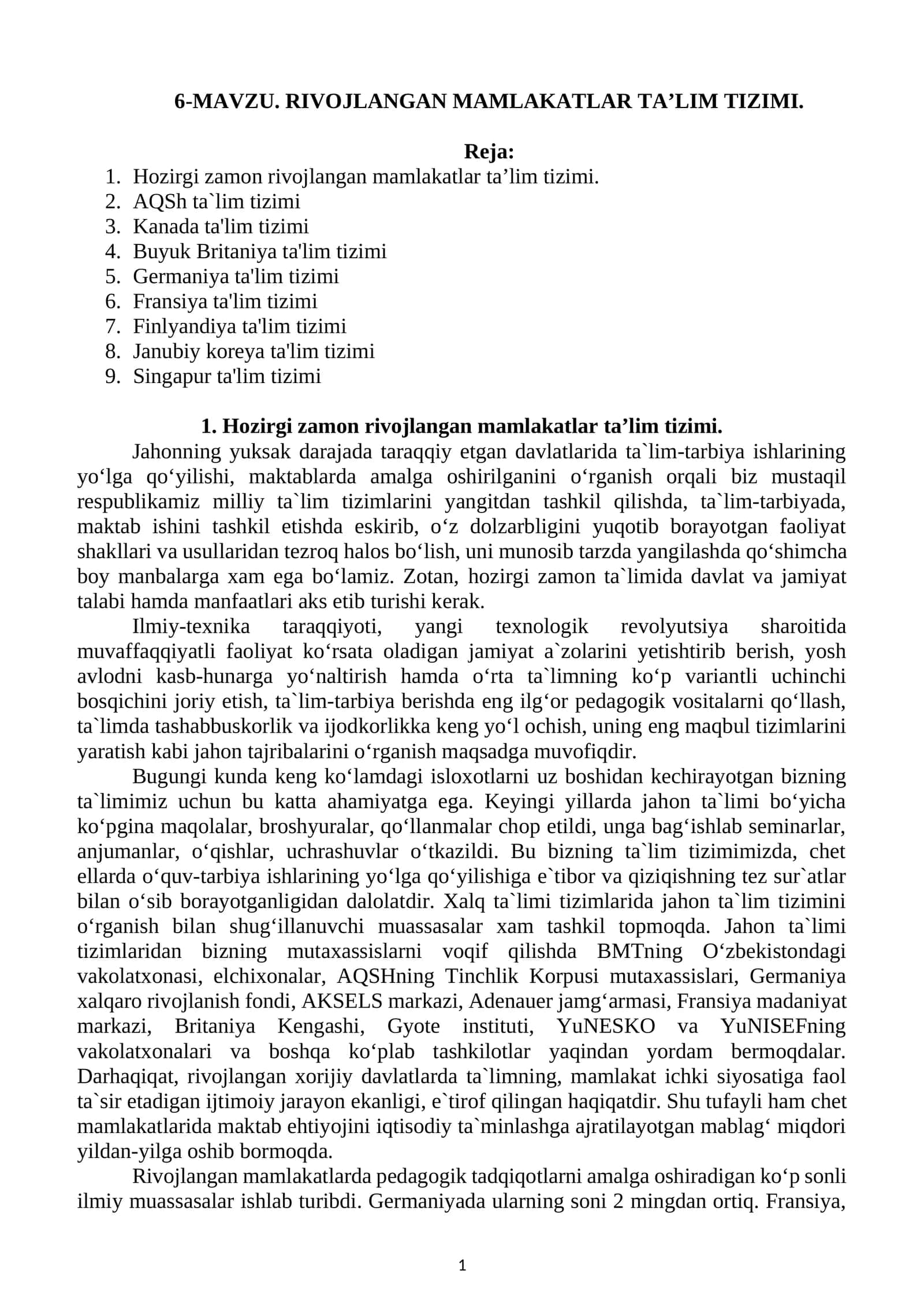 RIVOJLANGAN MAMLAKATLAR TA’LIM TIZIMI