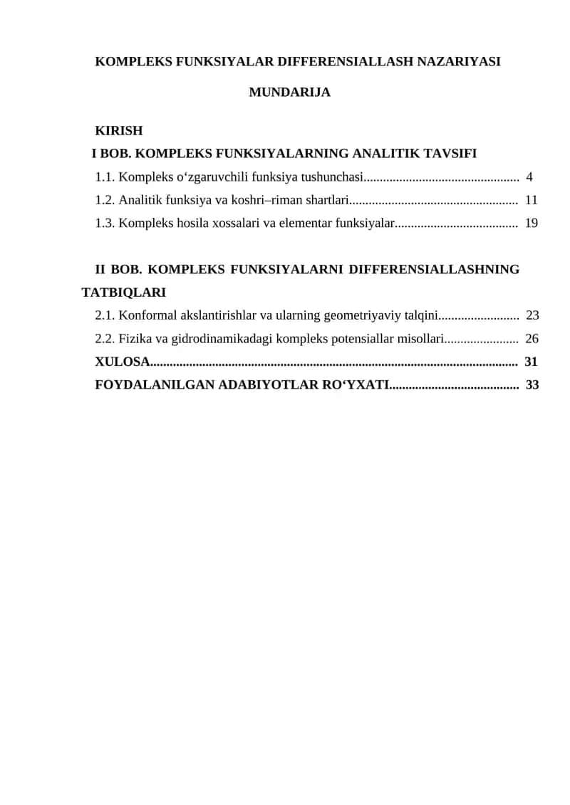 KOMPLEKS FUNKSIYALAR DIFFERENSIALLASH NAZARIYASI
