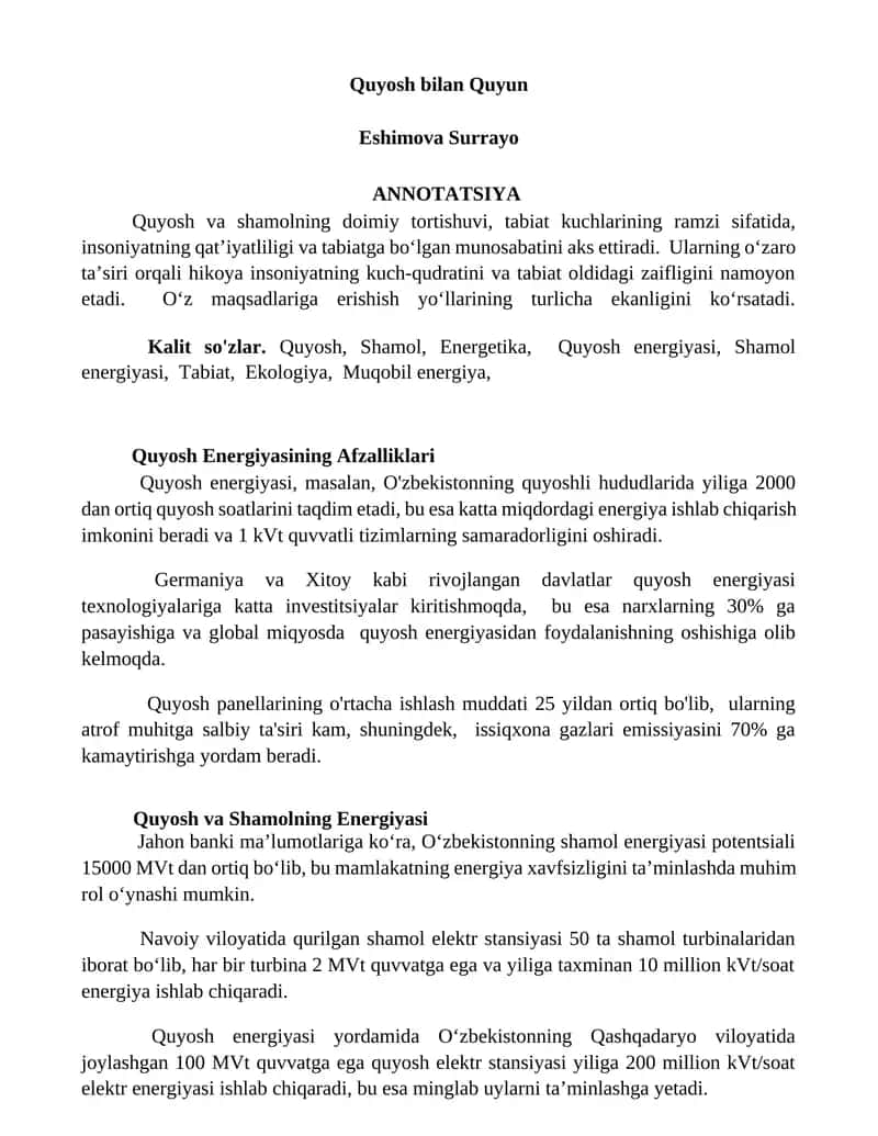Quyosh Energiyasining Afzalliklari
