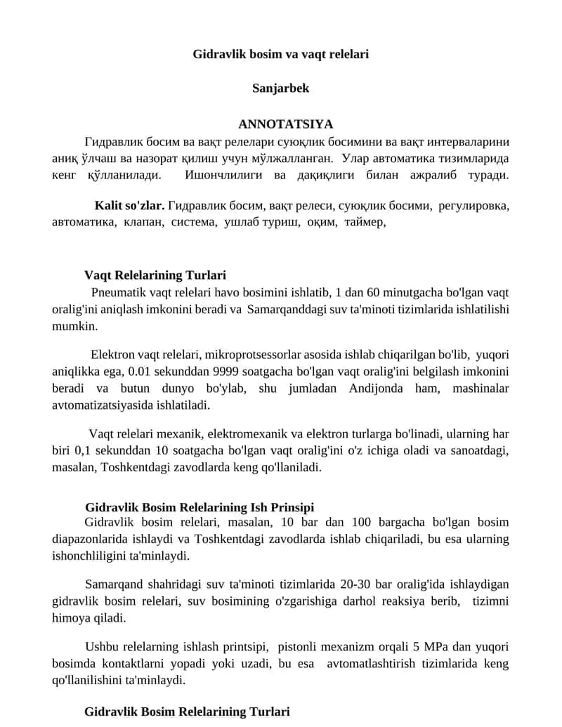 Gidravlik bosim va vaqt relelari