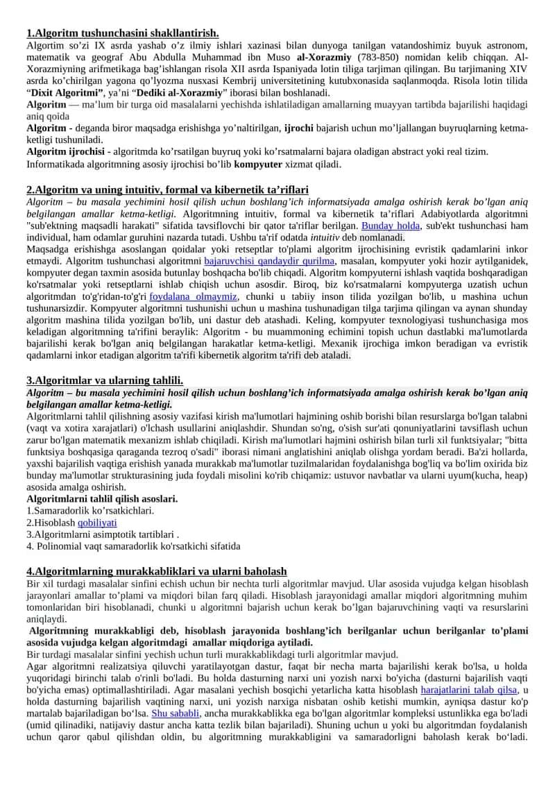 Algoritm tushunchasini shakllantirish