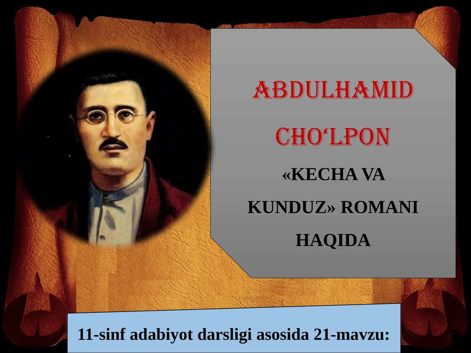 11-sinf Adabiyot fanidan Cho'lpon - Kecha va kunduz romani dars taqdimoti