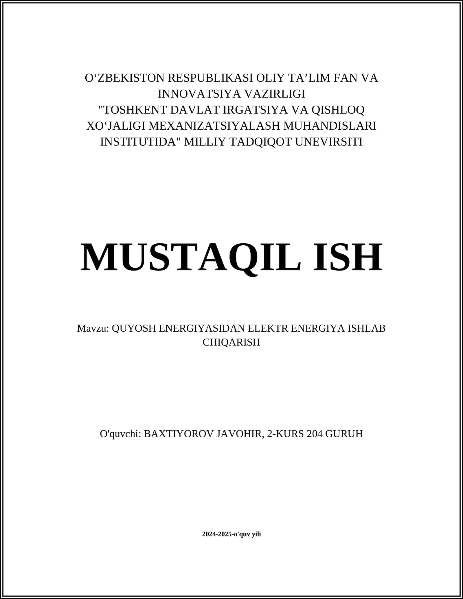QUYOSH ENERGIYASIDAN ELEKTR ENERGIYA ISHLAB CHIQARISH