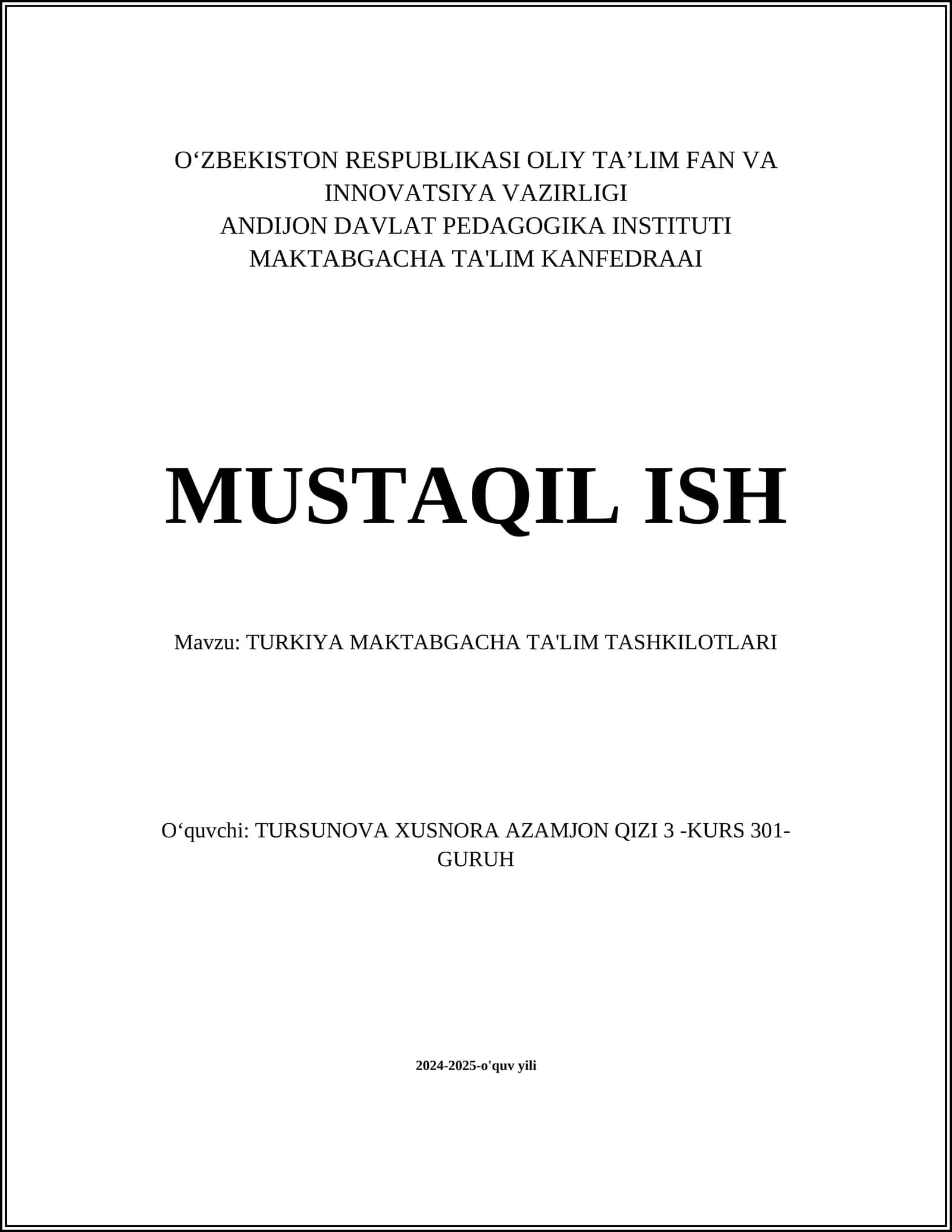 TURKIYA MAKTABGACHA TA'LIM TASHKILOTLARI